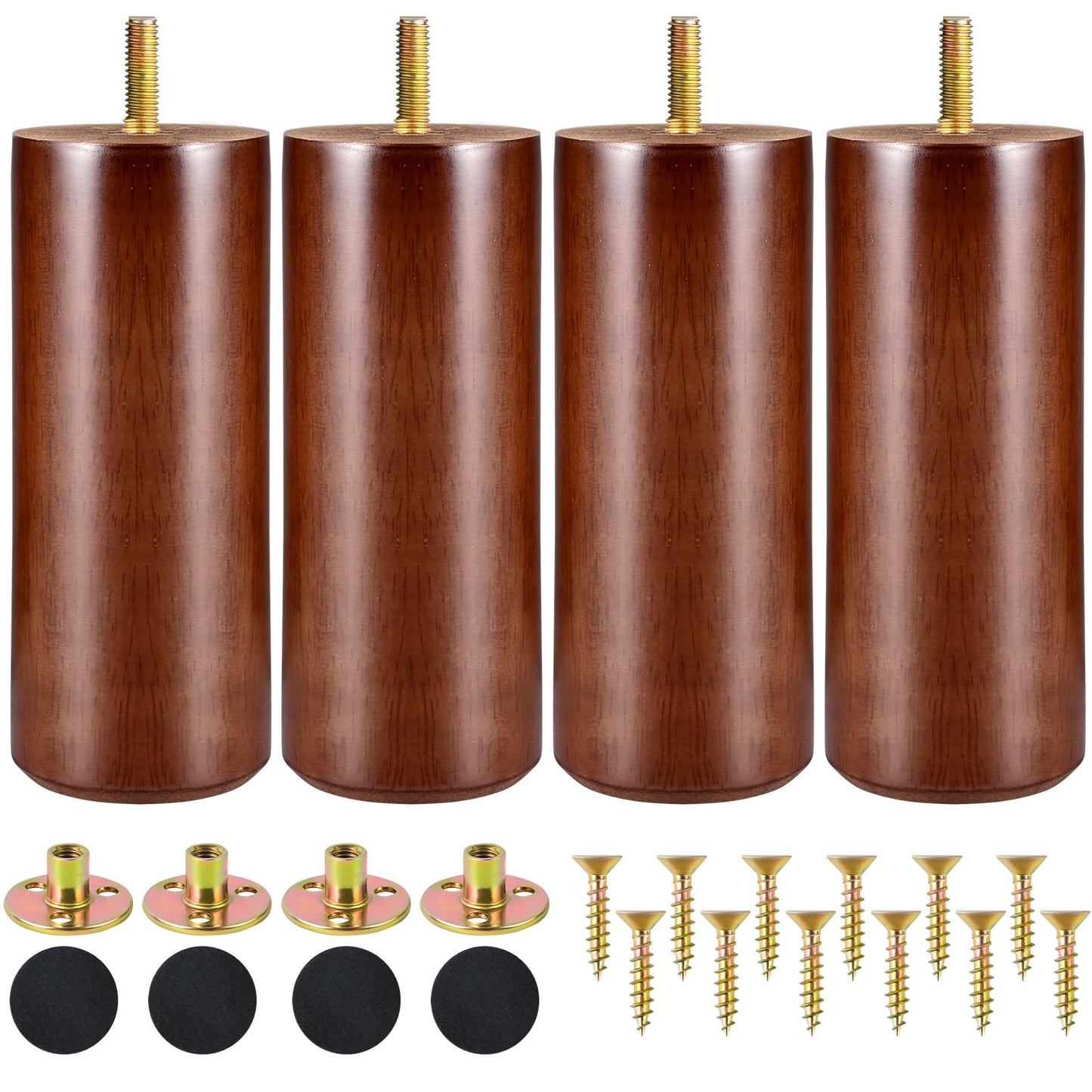Wood Furniture Legs Set of 4, Solid Round Sofa Couch Feet Replacement Wood Legs for Furniture Table Chair Dresser Ottoman Cabinets Footstool DIY (Walnut, 6 inch)