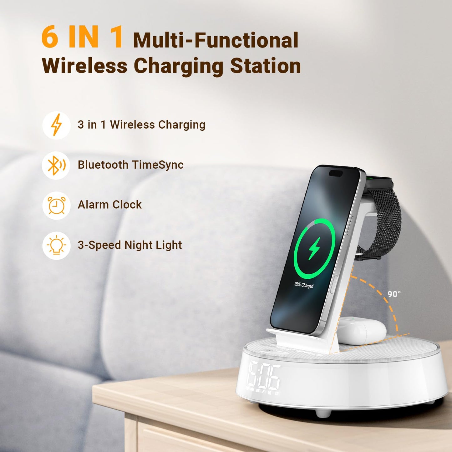 Alarm Clocks for Bedrooms with Wireless Charging Station, iPhone Charging Station with Dimmable Night Light Bluetooth Speaker, Wireless Charger for iPhone 16 15 14 13 Pro Max, Apple Watch, AirPods 3
