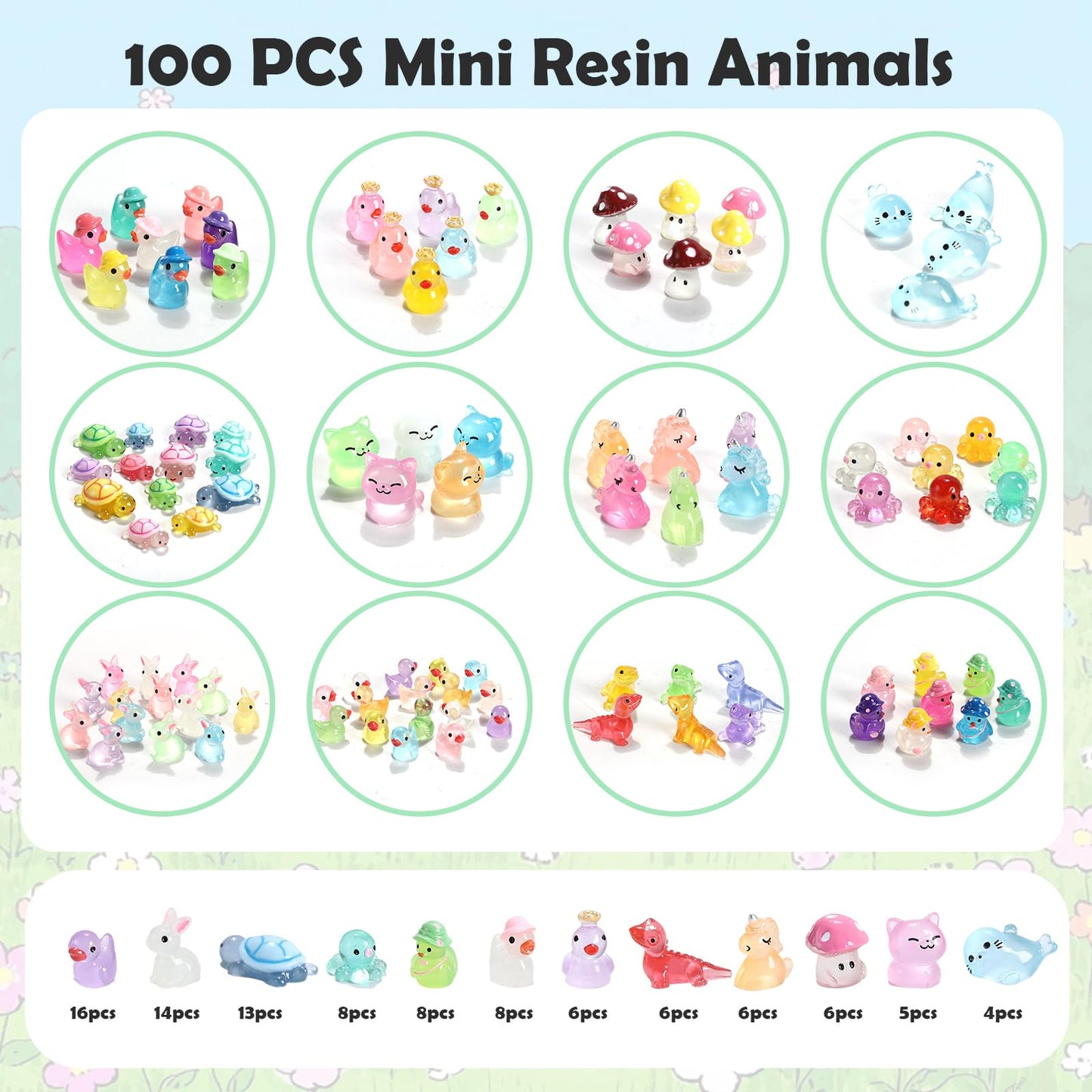 IHFAIO 100PCs Mini Resin Animals, Mini Ducks Unicorns Rabbits Dolphin Frog Dinosaur Cat Luminous Animals Glow in The Dark to Hide Around The Office Home for DIY Garden Dollhouse Combination