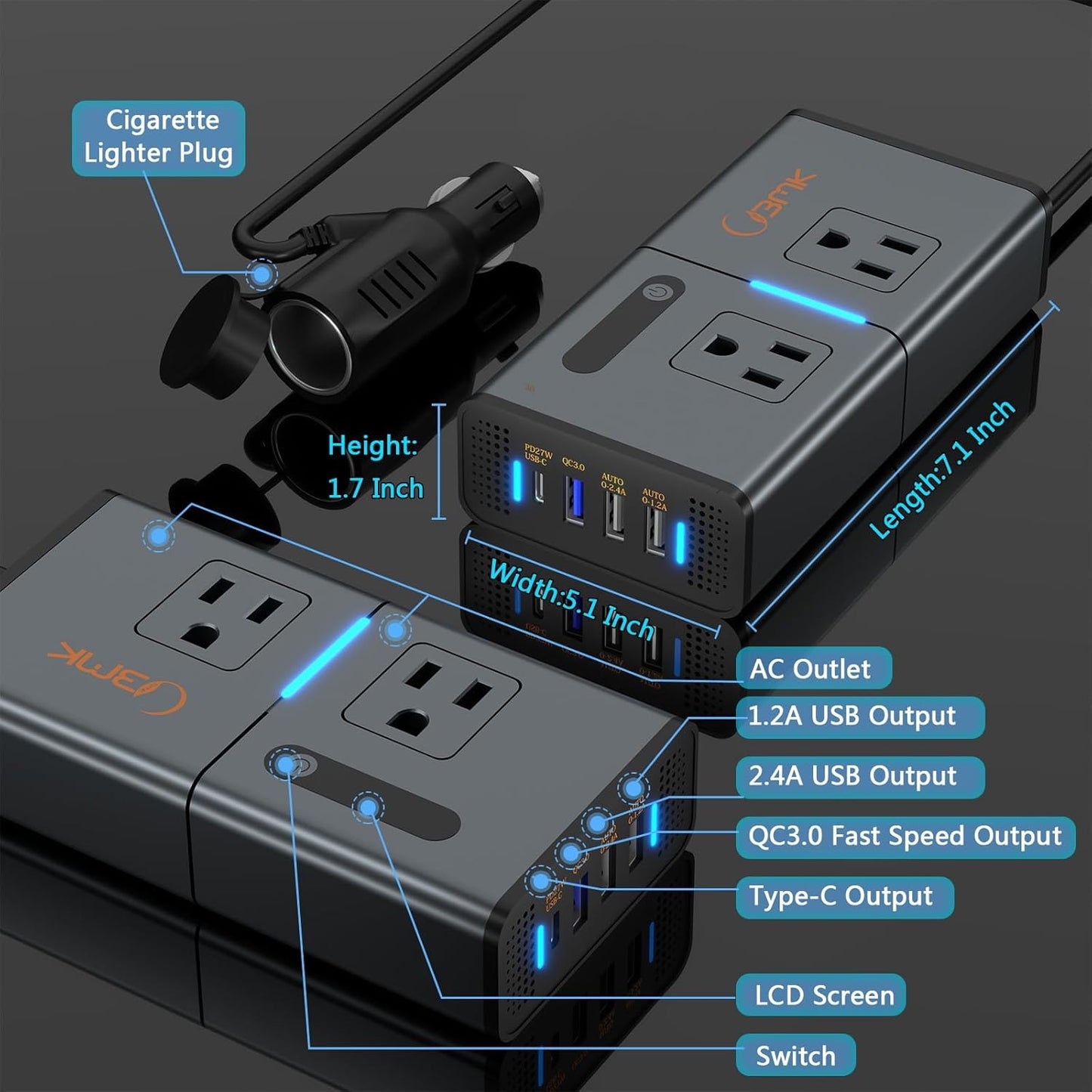 BMK 200W Car Power Inverter Newly Car Plug Adapter Outlet Charger DC 12V to 110V Car Inverter with 1.2A&2.4A USB, 1 QC3.0 USB and 1 Type C Ports Black
