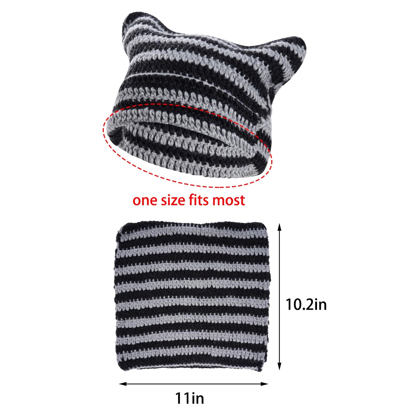 hoyuwak Crochet Cat Ear Beanie Hat Stripes Goth Knit Striped Winter Warm Cap for Men Women Festival Holiday Christmas (US, Alpha, One Size, Black and Gray Stripes)