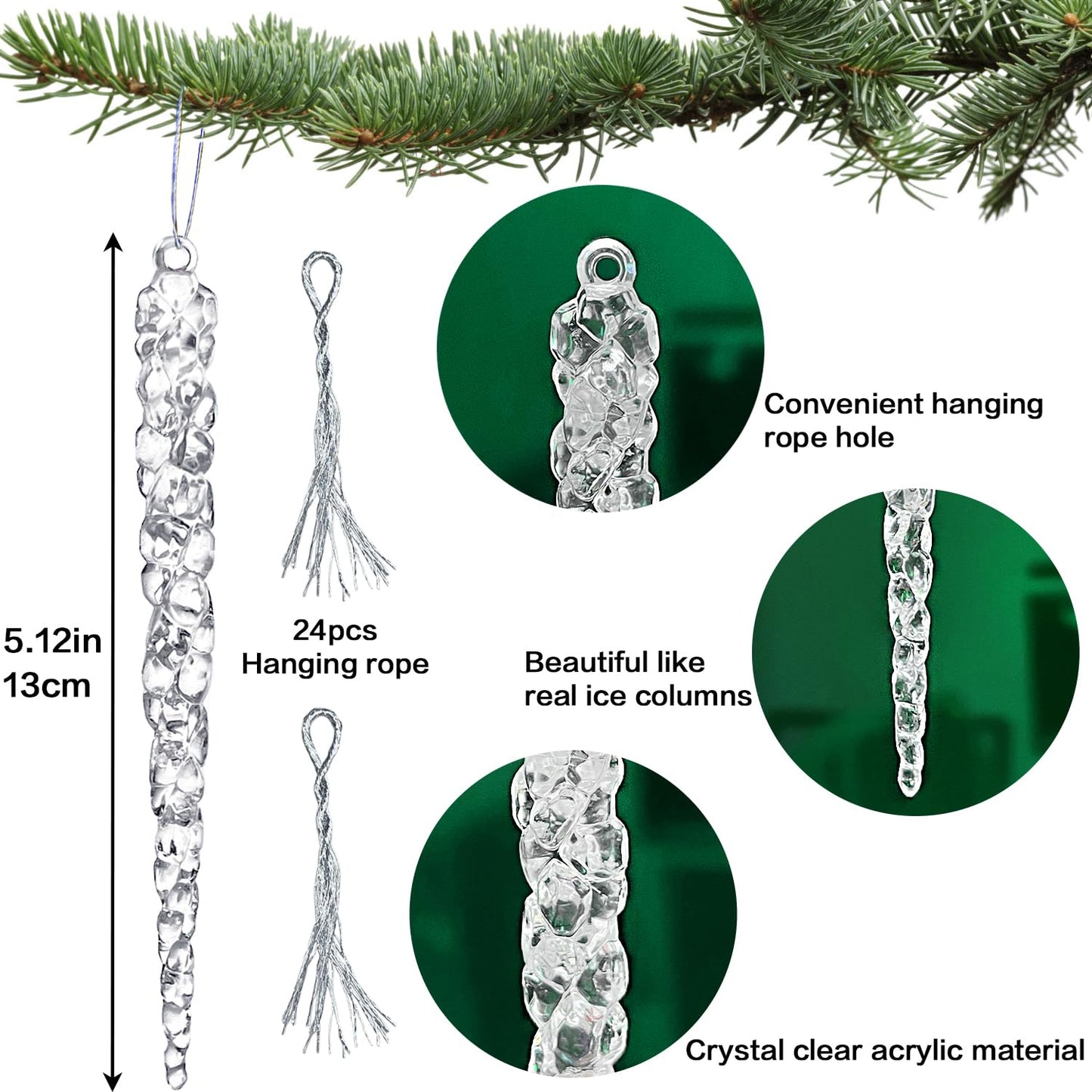 Jishi 24pk Christmas Icicle Ornaments for Christmas Tree Decorations, Hanging Acrylic Crystal Christmas Ornaments 5.1" Clear Plastic Icicles for Christmas Tree, Winter Wonderland Decorations Supplies