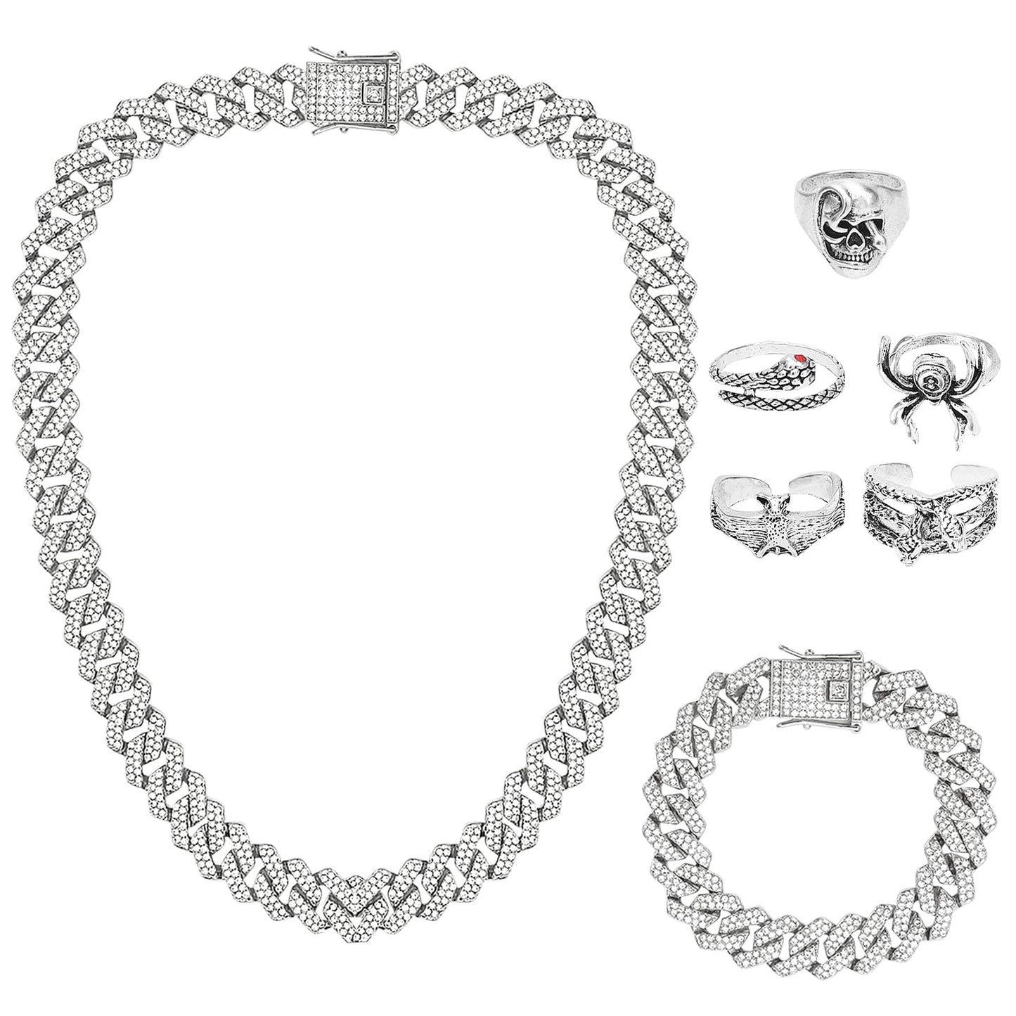 NEWITIN 7 Pieces Silver Jewelry Set for Men Stainless Steel Cuban Link Necklace Bracelet Vintage Ring Cuban Jewelry Set for Men Women