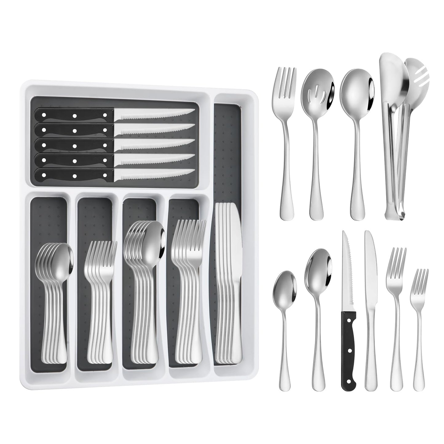 53PCS Silverware Set for 8 with Flatware Drawer Organizer, Stainless Steel Cutlery Set with Steak Knives, Include Spoons and Forks Set & Serving Utensils, Mirror Polished, Silver