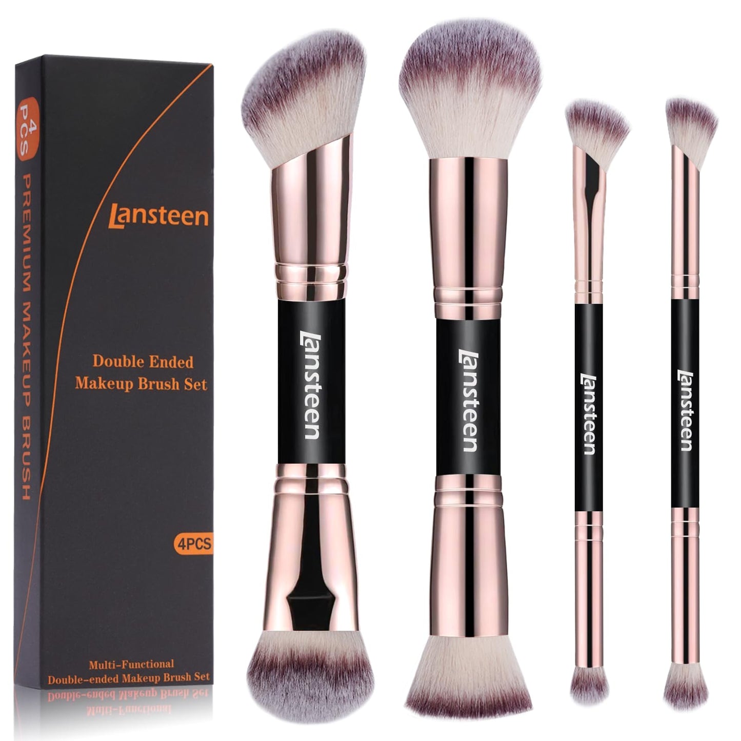 Lansteen Makeup Brushes Set, 4PCS Dual Ended Foundation, Powder, Contour, Concealer, eye makeup Brush For Liquid Blending Cream Bronzer, Face Kabuki Make up Brush
