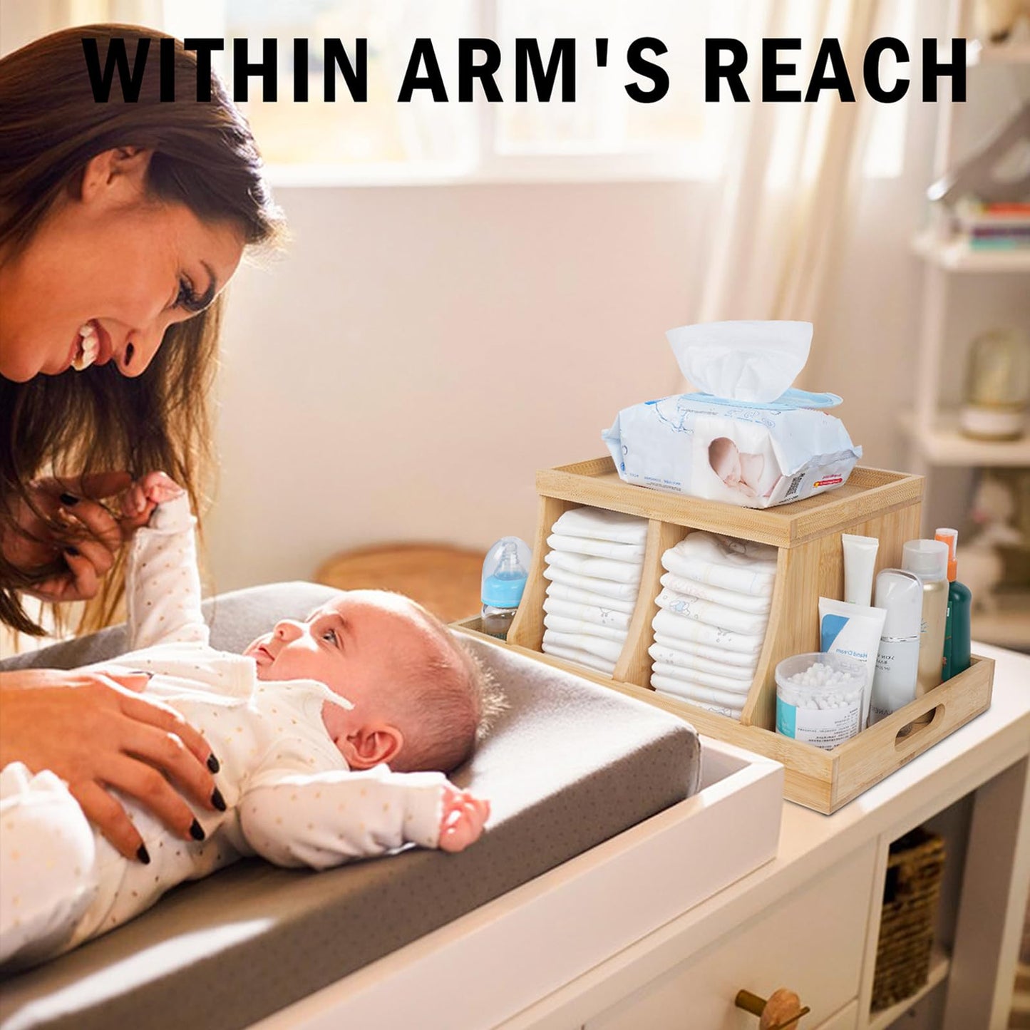 Busidhji Diaper Caddy Organizer, Changing Table Organizer, Wooden Diaper Organizer for Nursery, Baby Diaper Storage Organizer with Removable Dividers (Brown, Rectangular Size)