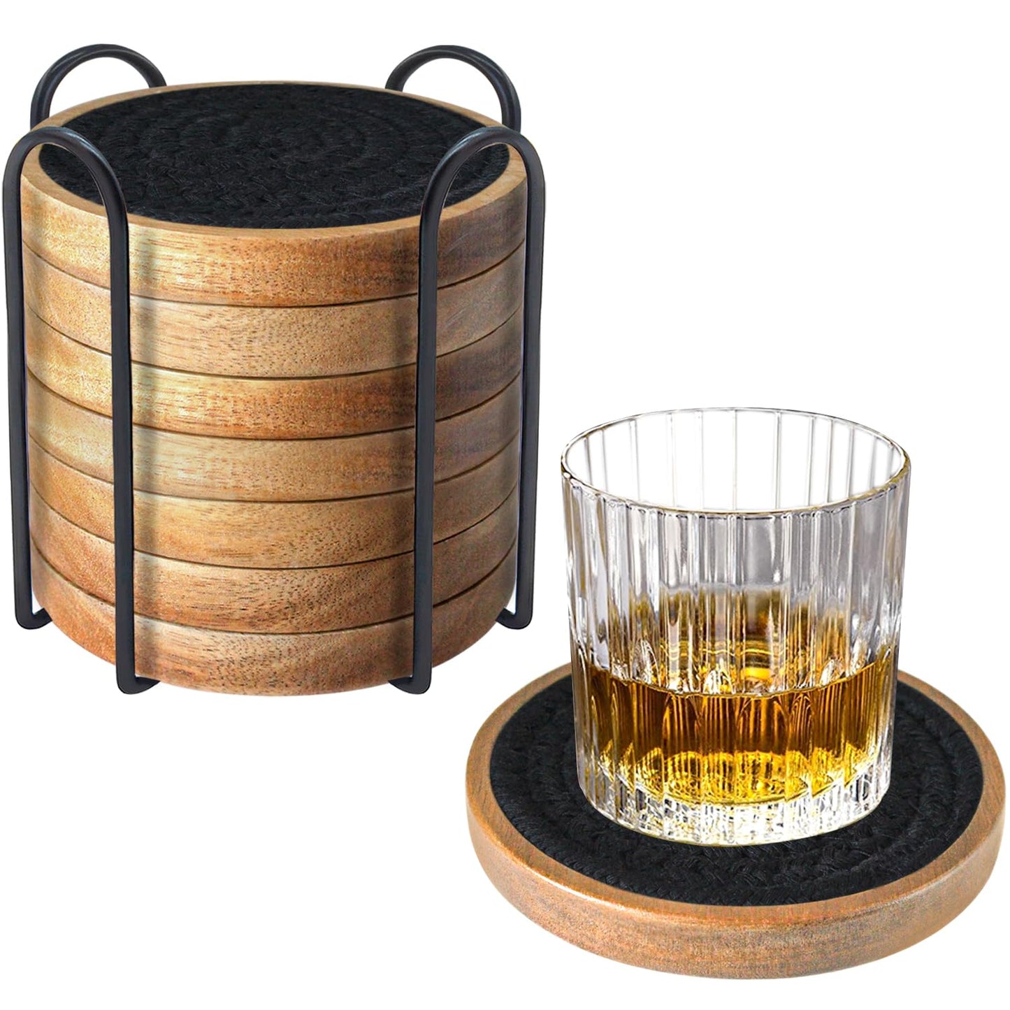 Eykao Wood Coasters for Drinks, Absorbent Coaster Sets of 8, Woven Drink Coasters for Coffee Table, Housewarming Gift for Farmhouse Home Decor,4.3 inches Black