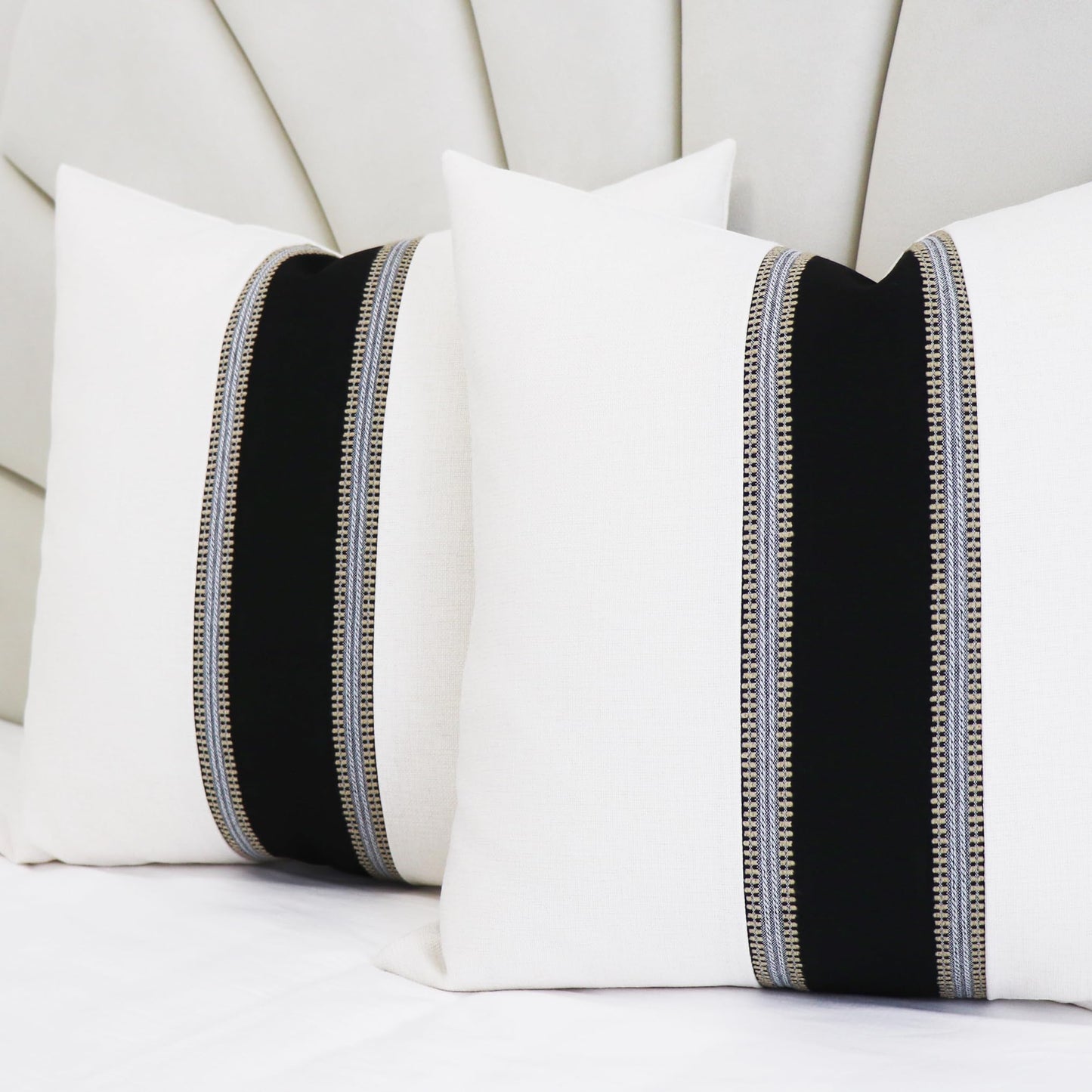 Slow Cow Pack of 2 Linen Off White and Black Patchwork Throw Pillow Covers Decorative Cushion Covers for Couch Sofa Square 18 x 18 Inches