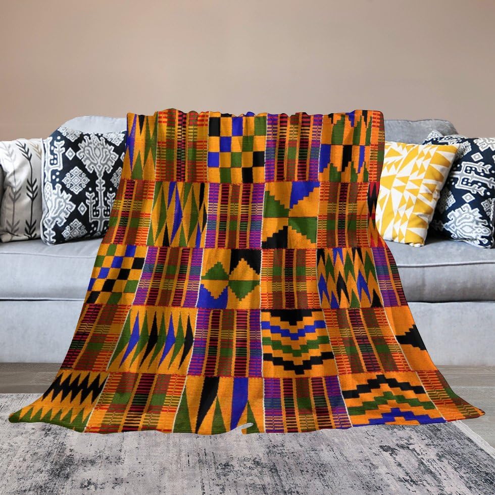 African Tribal Ethnic Kente Print Fleece Blanket, Soft Cozy Throw Blanket 50x60 Inches, Lightweight Fuzzy Comfy Flannel Blanket Warm Plush Throw Blankets for Couch, Sofa, Bed