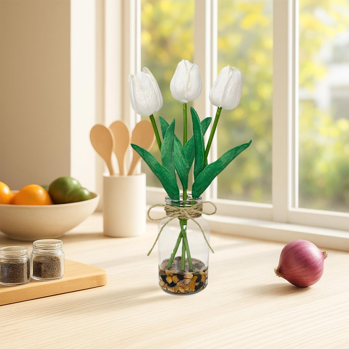 unlemoni 2 Packs Faux Flowers Artificial Tulips in Glass Vase with Faux Water Stone, Poly Foam White Fake Tulips Real Touch Flowers Arrangement for Home Kitchen Wedding Centerpiece Decoration