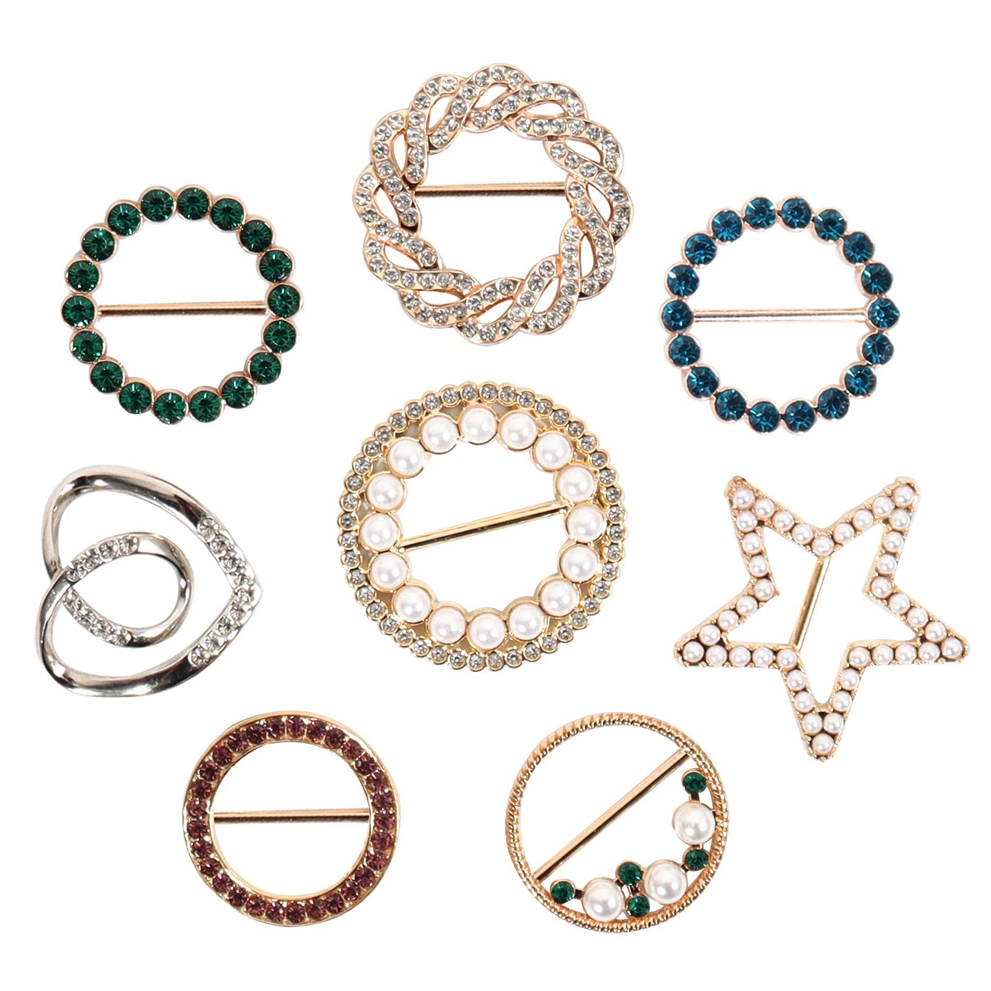 T-Shirt Clips 9 PCS, Clothes Corner Knotted Button, Fashion Alloy Pearl Rhinestone Circle Clip Buckle Round Shirt Silk Scarf