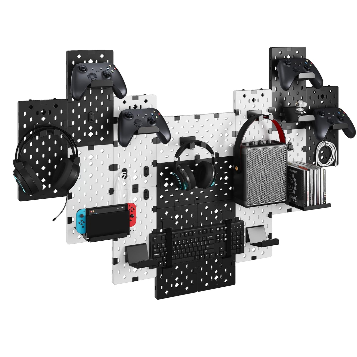 PEGZONE Controller and Headphone Holder Wall Mount, Modular Gaming Pegboard with Accessories, Controller Stand for Xbox PS5 PS4 Switch, Video Game Storage, Disc Shelf, 14pcs Pegboard, Black & Red