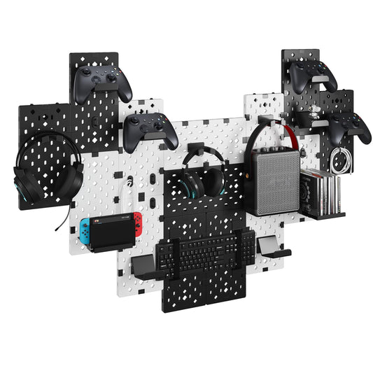 PEGZONE Controller and Headphone Holder Wall Mount, Modular Gaming Pegboard with Accessories, Controller Stand for Xbox PS5 PS4 Switch, Video Game Storage, Disc Shelf, 14pcs Pegboard, Black & Red