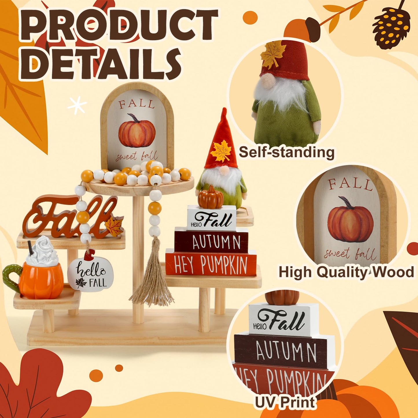 Fall Decorations, 6 PCS Fall Tiered Tray Decor Set, Thanksgiving Harvest Table Centerpiece Pumpkin Gnome Autumn Farmhouse Wood Sign, Indoor Tabletop Decor for Home Office Kitchen Shelf Mantel