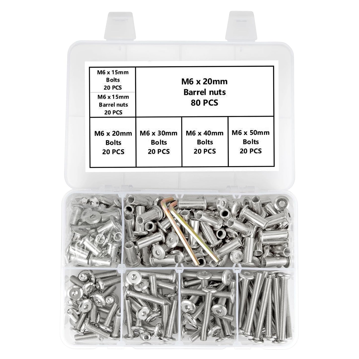 Xrfoiniu 100 Sets M6x15/20/30/40/50mm Silver Furniture Bolts and Nuts Set Carbon Steel Hex Socket Set Metric and Standard for Pocket Knife Screws Hardware Assortment