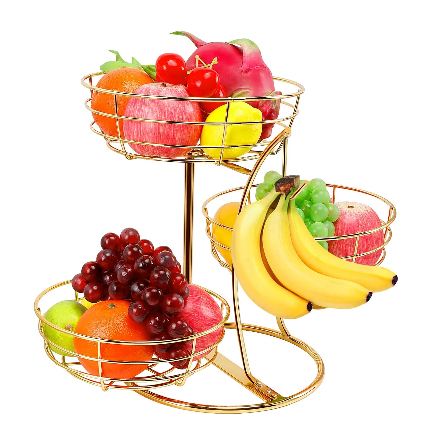 Livabber Fruit Basket Bowl with Banana Hanger, Fruit Vegetable Storage Basket with Banana Tree Holder for Kitchen Counter, Detachable Organizer for Bread Snack Produce (Black, 3-Tier Metal Base)