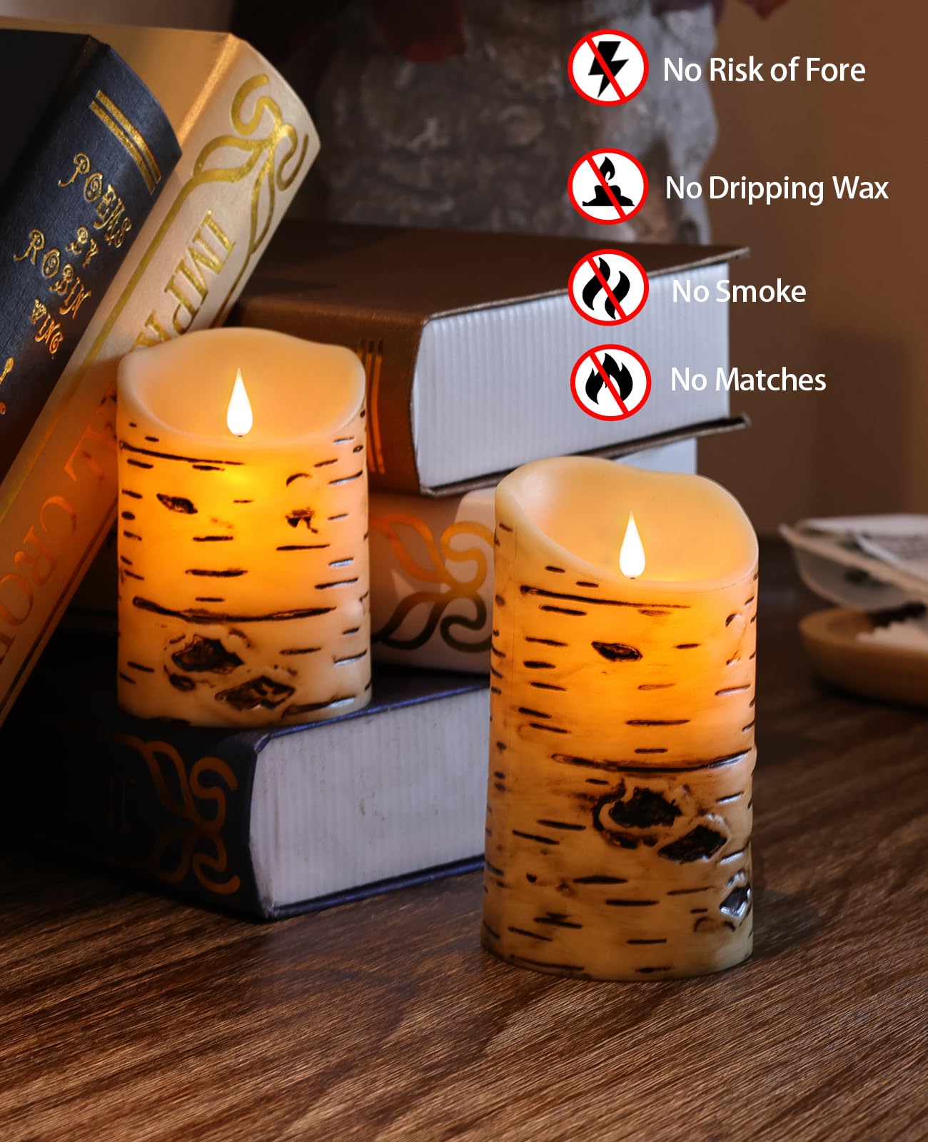 QQFCTOO Flameless Birch Bark Candles Flashing Battery Operated Candles LED Pillar Candles with Remote Control and Timer Set of 3
