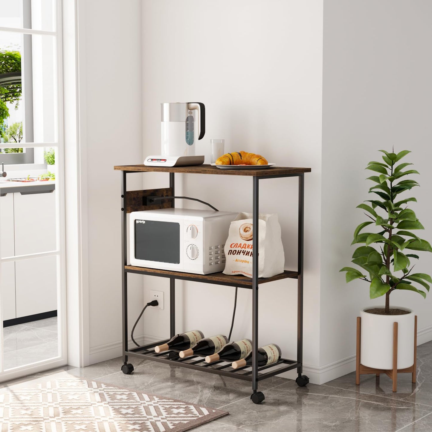 INHABIT UNION Kitchen Island with Power Outlet, 31.49" L Rolling Kitchen Cart with 3 Tier, Industrial Island Counter with Large Workstation, for Kitchen, Dining Room, Rustic Brown and Black