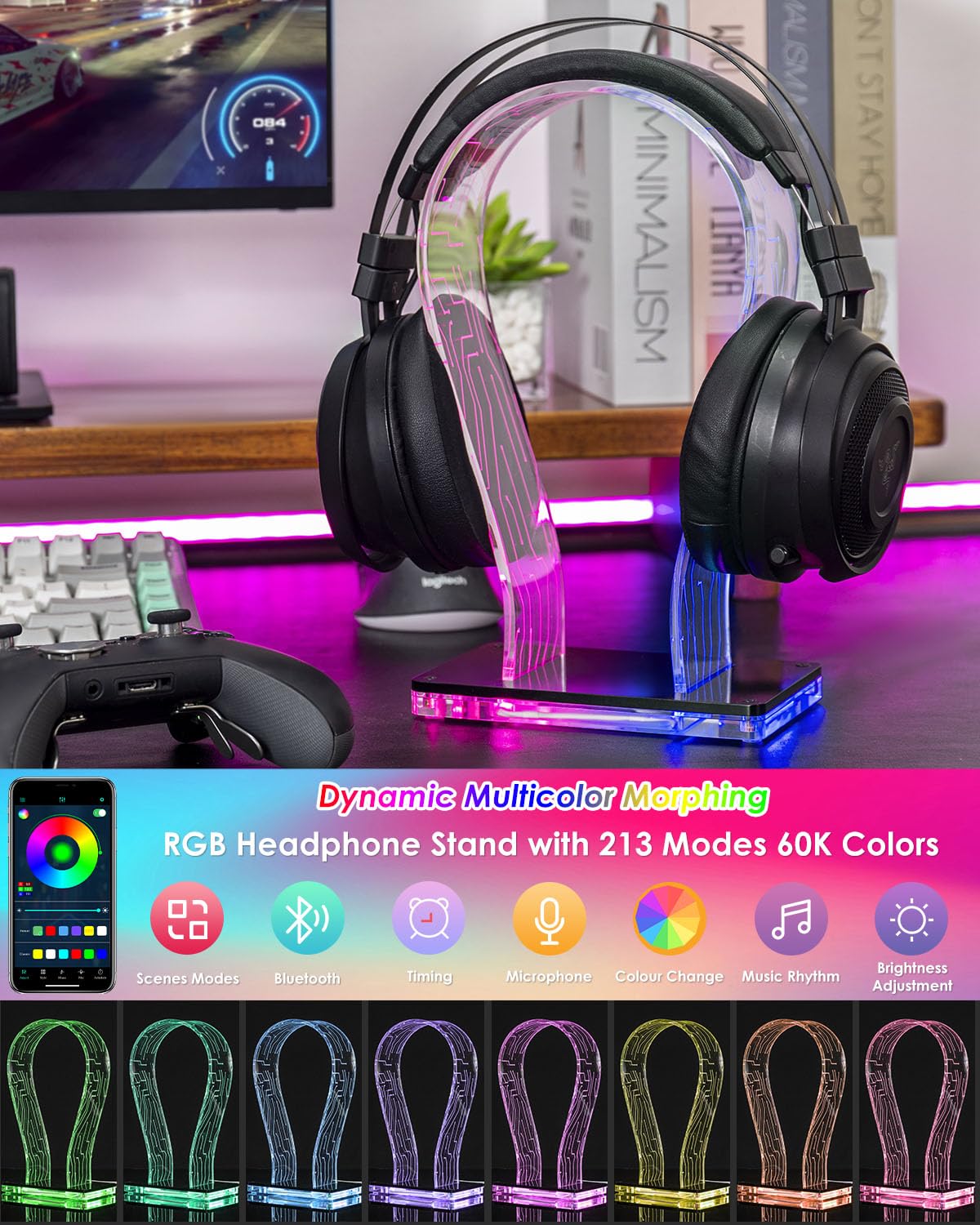 OAPRIRE RGB Headphone Stand with 213 Modes 60K Colors, Music Rhythm Sync, Acrylic Headphone Stand for Desk Enhances Gaming Setup Experience, Gaming Headset Holder with APP & Wired Controller
