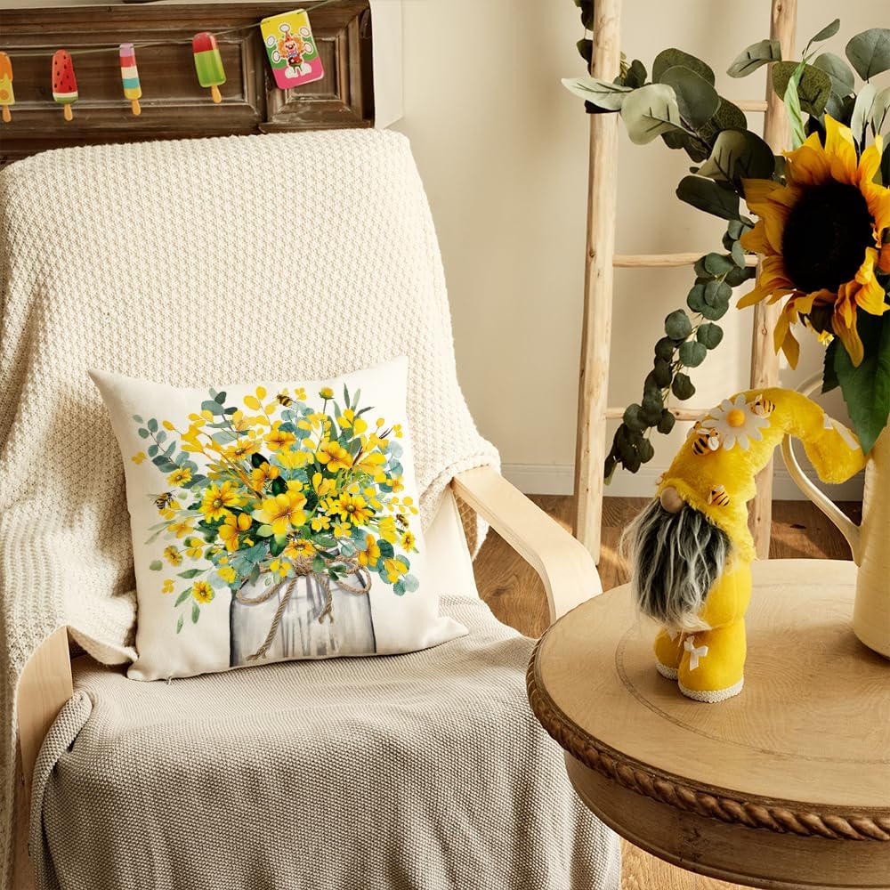 AACORS Summer Pillow Cover 18x18 Inch Eucalyptus Flowers Decor Vase Bee Farmhouse Seasonal Pillow Case Decorations for Home Sofa Couch AA509-18