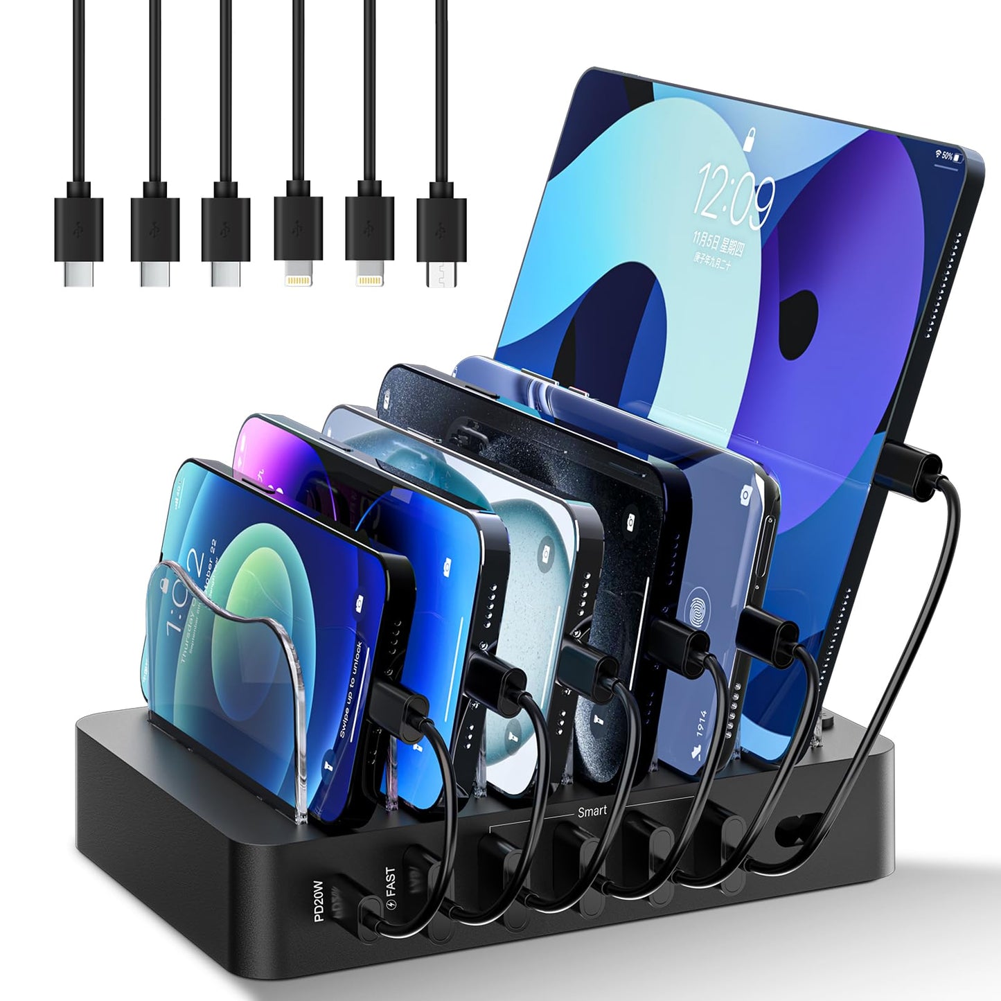 Charging Station for Multiple Devices: 68W 6 Port 20W Fast Phone Charger Dock with 6 Cables, Compatible with Apple Cellphone iPad iPhone Tablet and Other Electronic (Black)