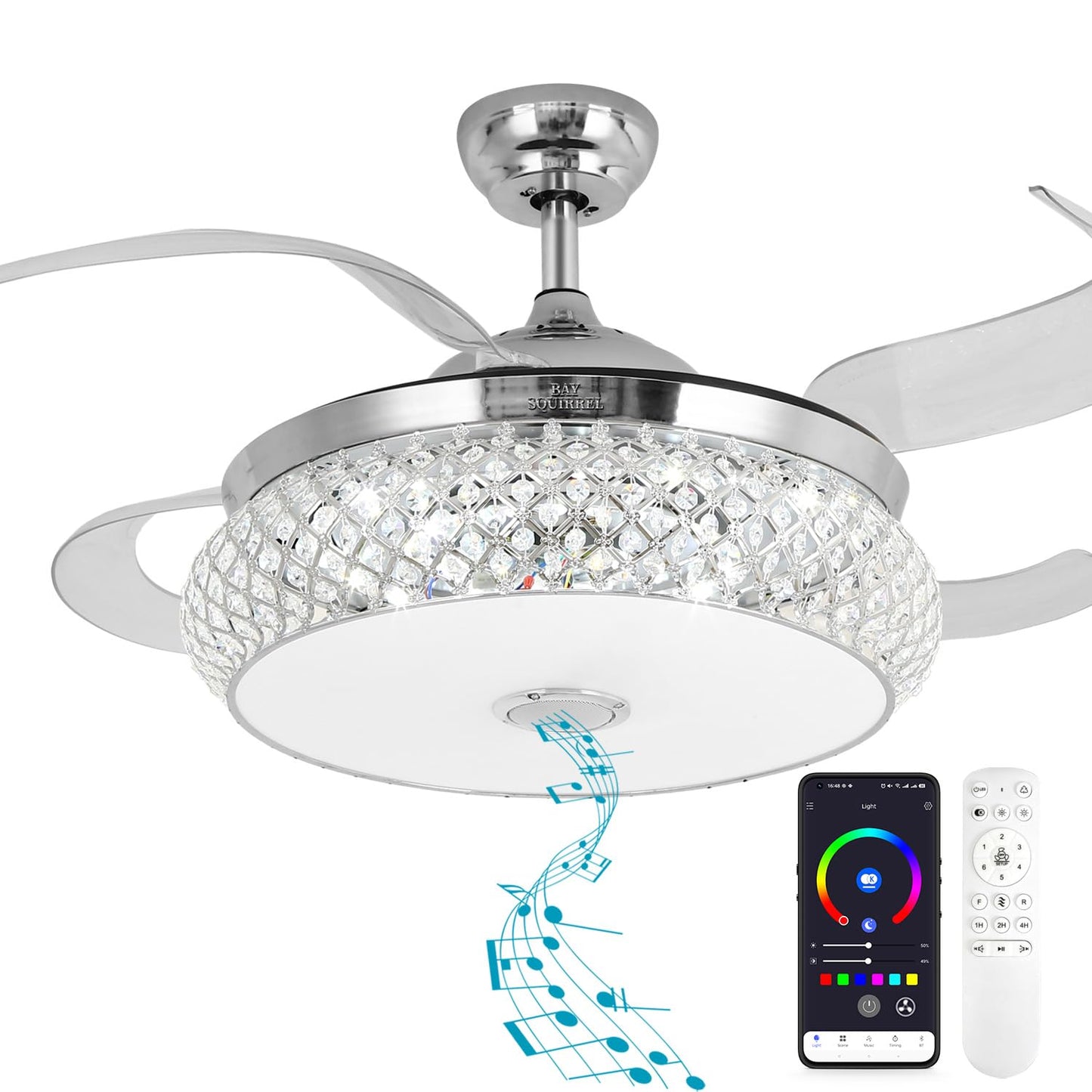 BAYSQUIRREL Retractable Ceiling Fan with Light, Low Profile Bluetooth Ceiling Fan with Speaker,RGB-LED Light 6 Speed Reversible Invisible Ceiling Fans for Bedroom,Remote and APP Control