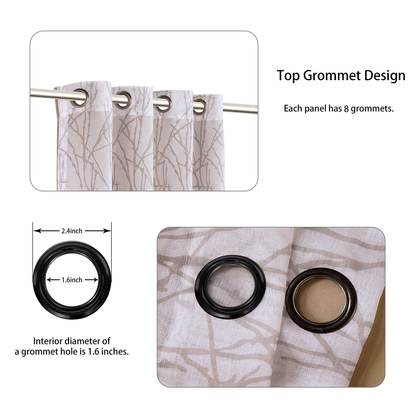 BONZER Mix and Match Curtains - 2 Pieces Branch Print Sheer Curtains and 2 Pieces Blackout Curtains for Bedroom Living Room Grommet Window Drapes, 54x84 Inch/Panel, Taupe, Set of 4 Panels