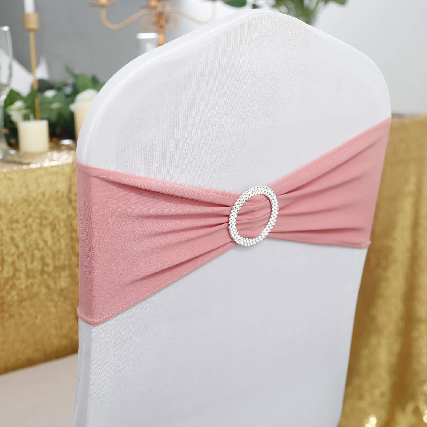 Peomeise 100pcs Dusty Pink Spandex Chair Sashes with Buckle Slider for Wedding, Party Decoration
