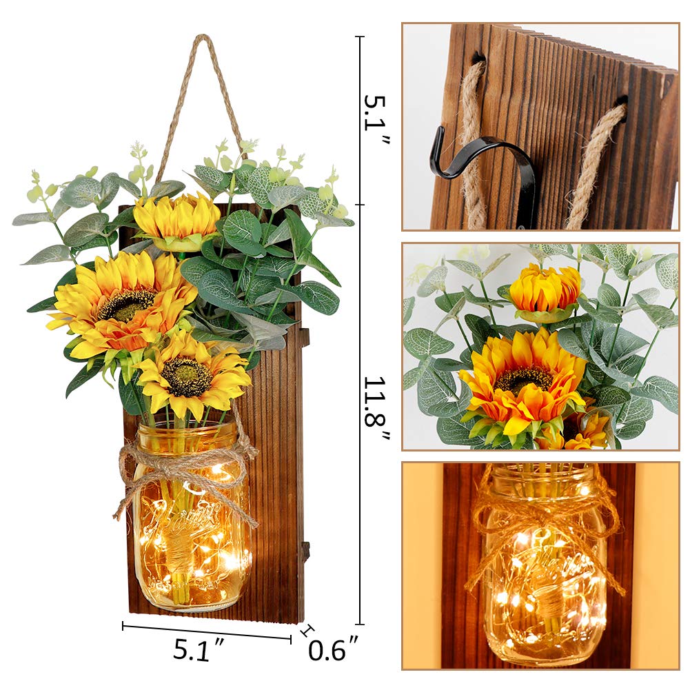 OurWarm Country Farmhouse Sunflower Wall Decor with Mason Jars, Remote 6-Hour Timer LED Lights, Hanging Mason Jar for Home Kitchen Decor Living Room Lights, Set of 2