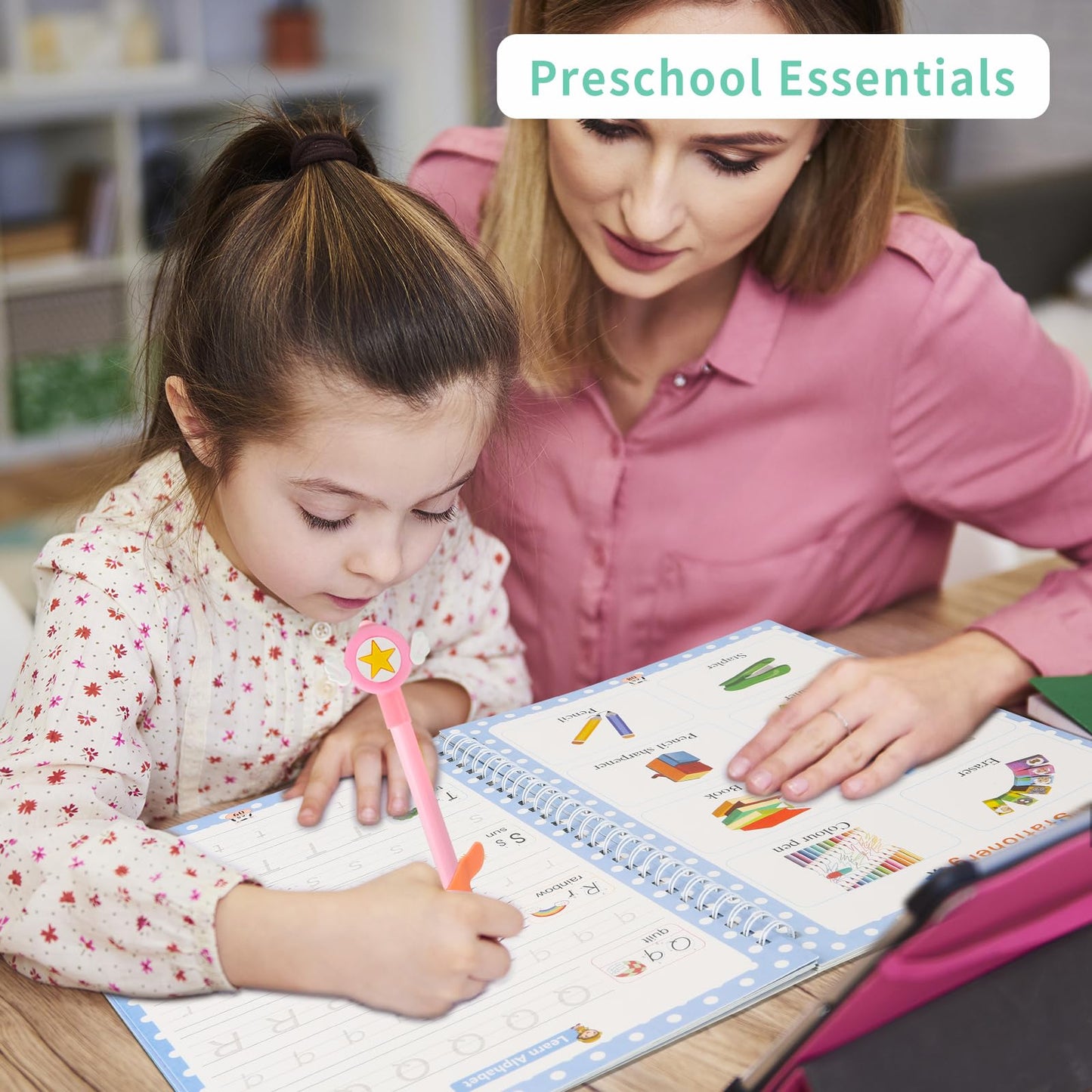 Premium Grooved Handwriting Practice for Kids, Reusable Children's Magic Copybook with Pencil Grips and Pouch, Large Size Calligraphy Workbooks Kit for Pre-School, Kindergarten(30 Refills)