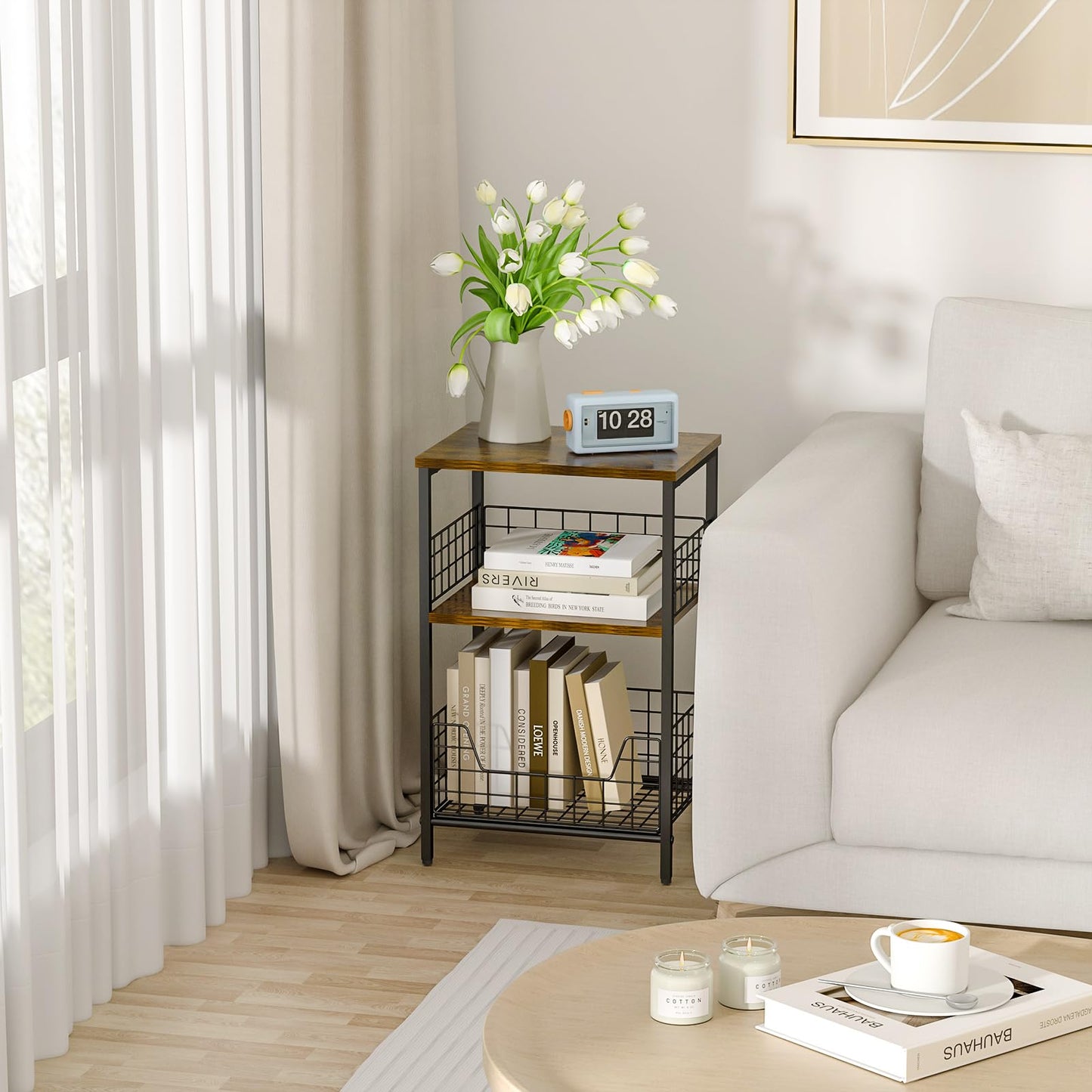 X-cosrack Side Table, Small End Table Record Player Stand with Storage, Vinyl Record Storage Night Stand for Living Room, Bedroom,Office(Patent Pending)(Rustic Brown & Black)