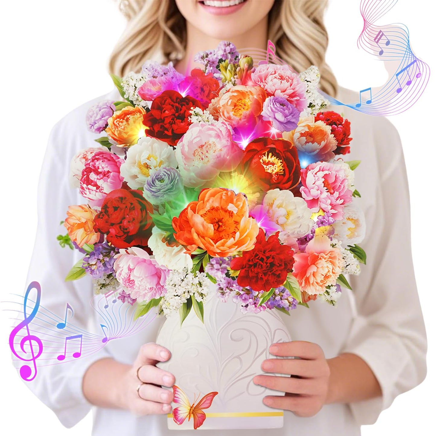 Pop Up Card with Music and Light, Anniversary Card with Roses, Flower Bouquet 3D Gift Card, Birthday Valentines Day Gifts Mothers Day Gifts for Women Mom Wife(Rose)