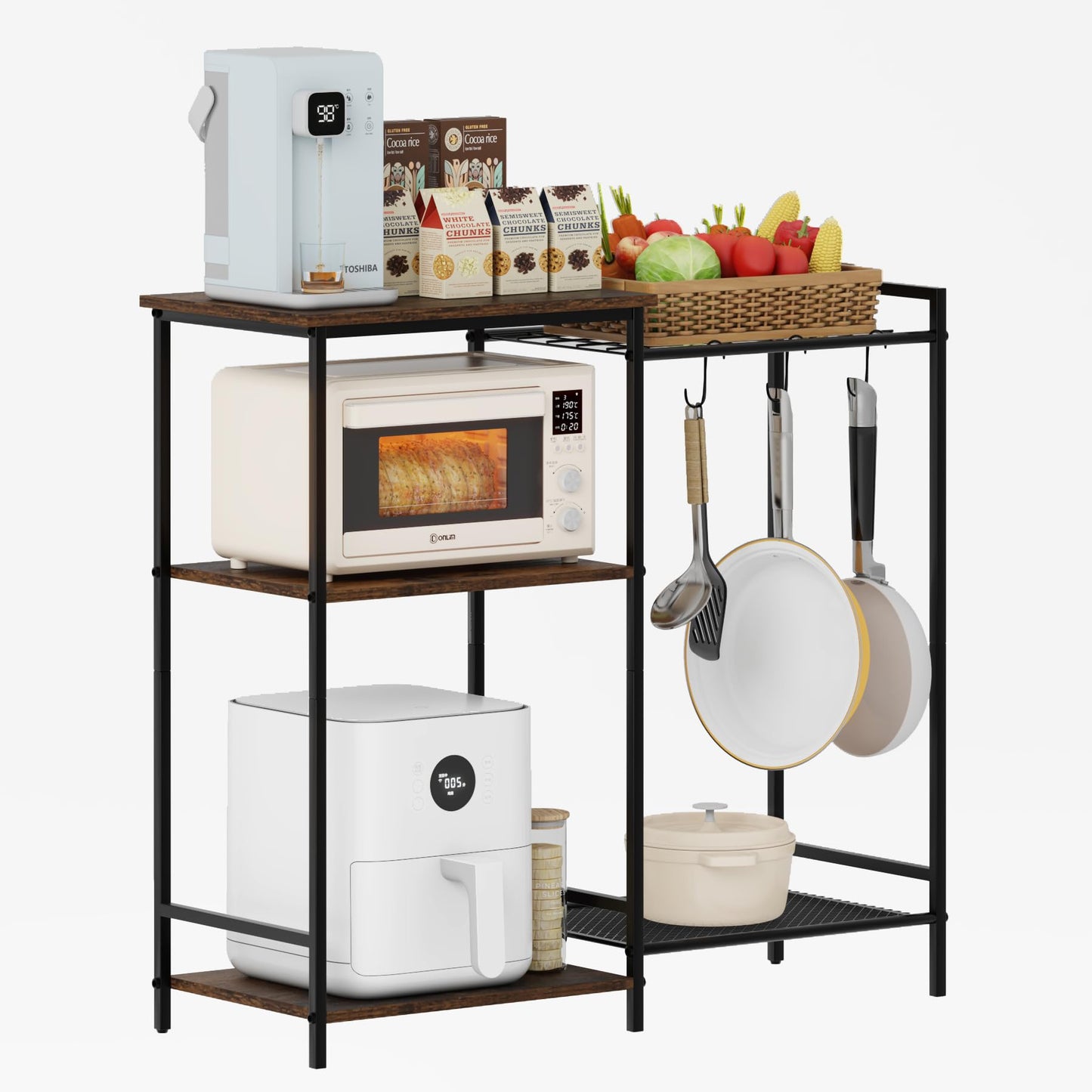INHABIT UNION Kitchen Stand with Pots Rack Microwave Oven Stand with Storage, Small Bakers Rack Stand with 3 Hooks, Coffee Bar Table with Storage for Spices,Pots,Utensils,Pans,Foods,Rustic Brown