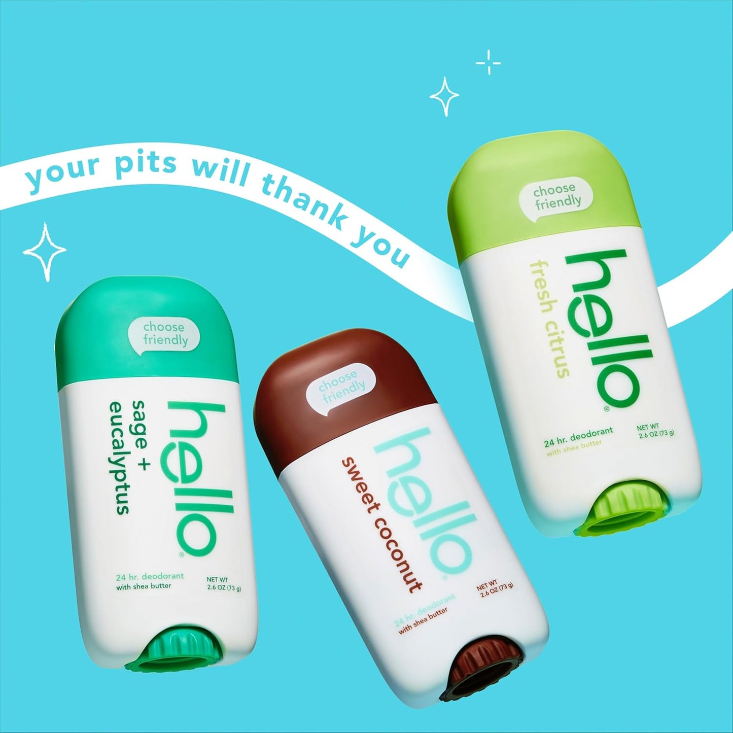 hello Deodorant Variety Pack (Sweet Coconut, Fresh Citrus, White Sage) for Women + Men, Aluminum Free, Baking Soda Free, Parabens Free, 24 Hour Odor Protection, 2.6 Ounce, 3 Pack