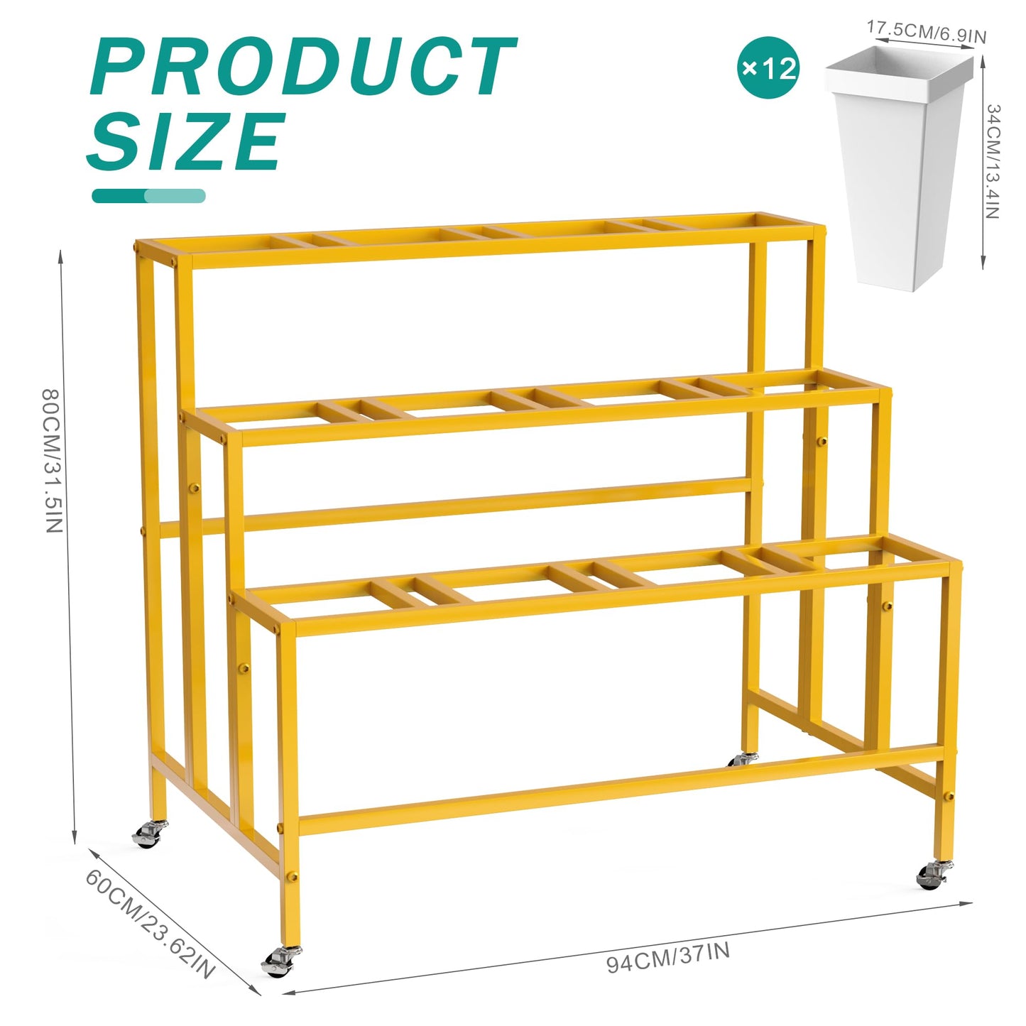 Putros Flower Display Stand with 12 Buckets Gold 3 Layers Metal Floral Cart with Wheels Moving Florist Bouquet Bar Plant Shelf for Indoor Outdoor Patio Garden Party Decor