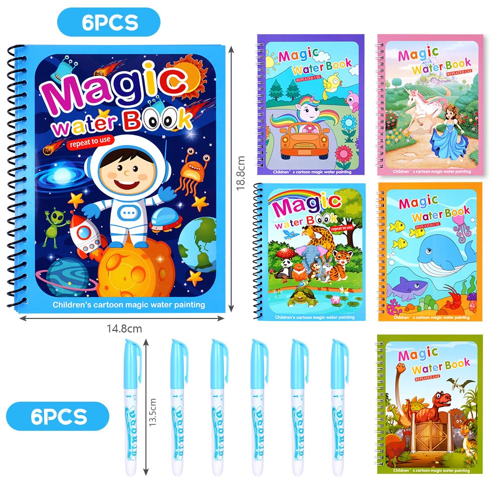 OSDUE Water Coloring Book for Toddler, 6 Pack Water Painting Book for Toddlers, Paint with Water Books, Educational Learning Doodle Toy, Reusable No-Mess Art Book Travel Toys & Xmas Gift for Kids