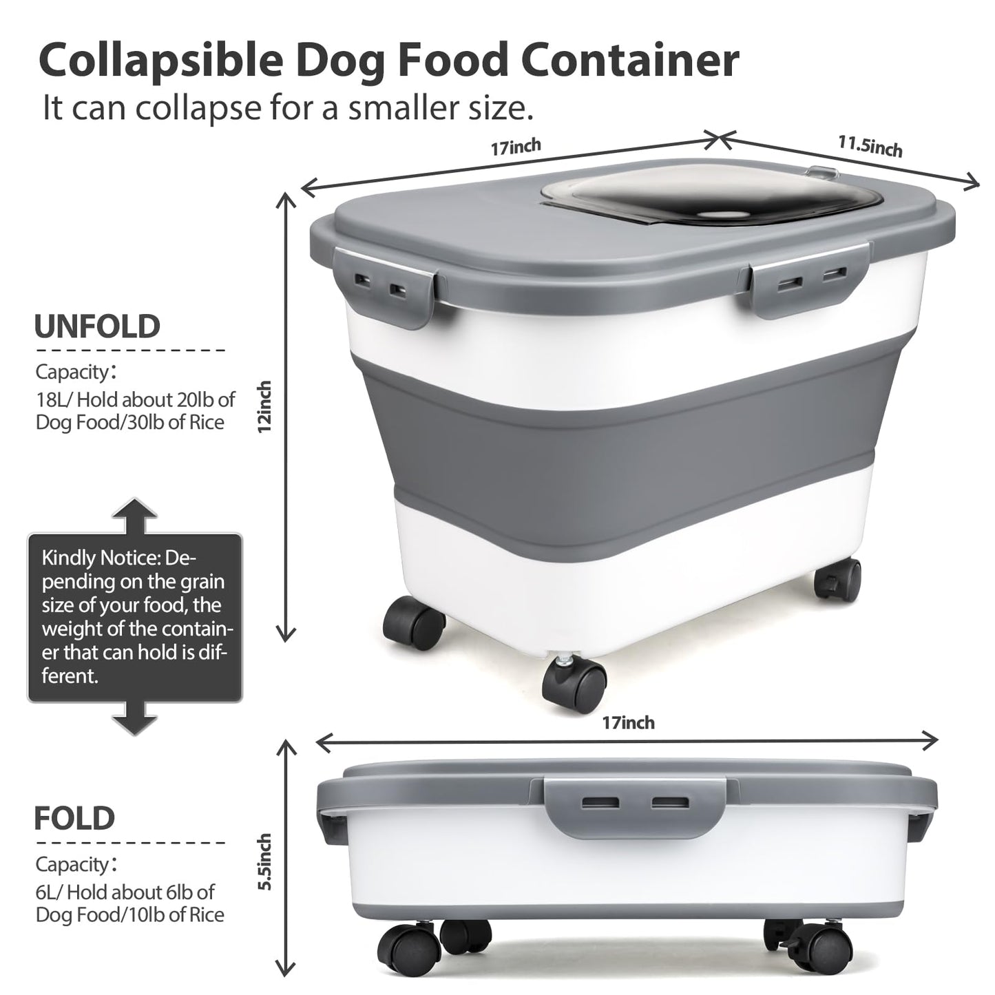 Viretec Dog Food Storage Container, 5-20Lbs Collapsible Pet Food Storage Containers with Rolling Wheel Airtight Locking Lid, Dry Food Storage Bin with Cup and Scoop,Suitable for Pet Food, Rice, Flour