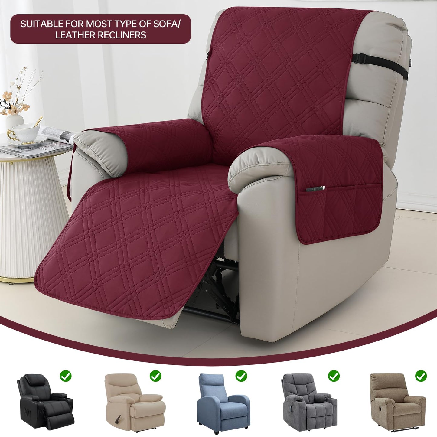Deisy Dee Waterproof Recliner Chair Covers with Storage Pocket - Extend Sofa Life, Comfortable & Washable, Available in 10 Colors (Burgandy, 24.8 ")