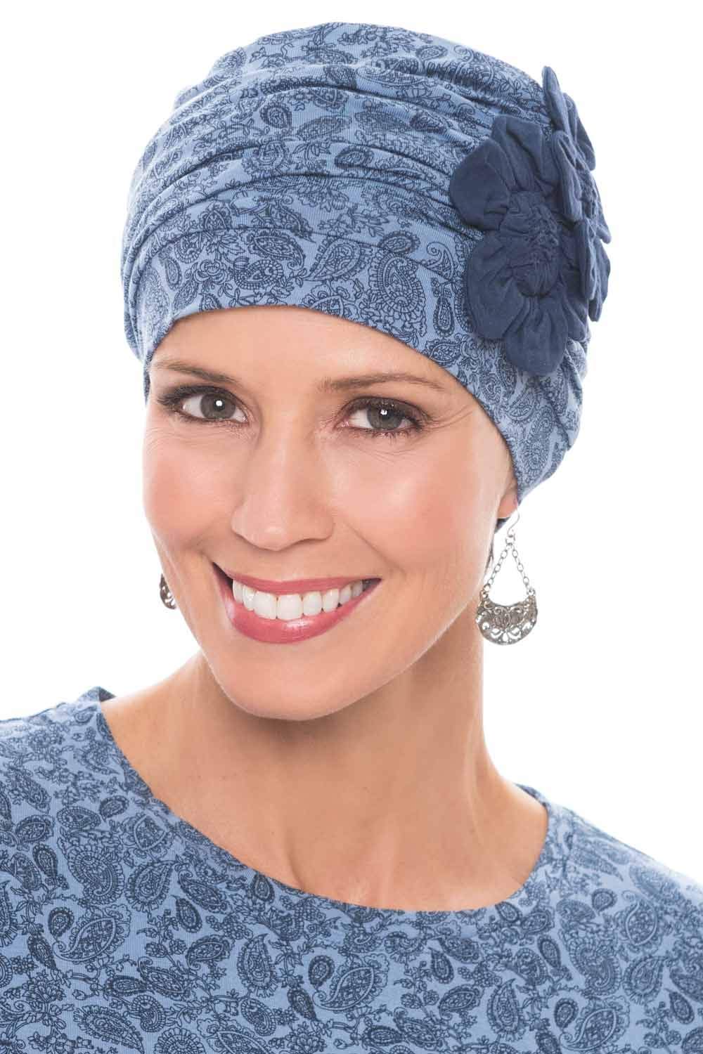 Cardani Flapper Turban - Vintage Flapper Hat in Soft Viscose from Bamboo Denim Paisley w/Navy