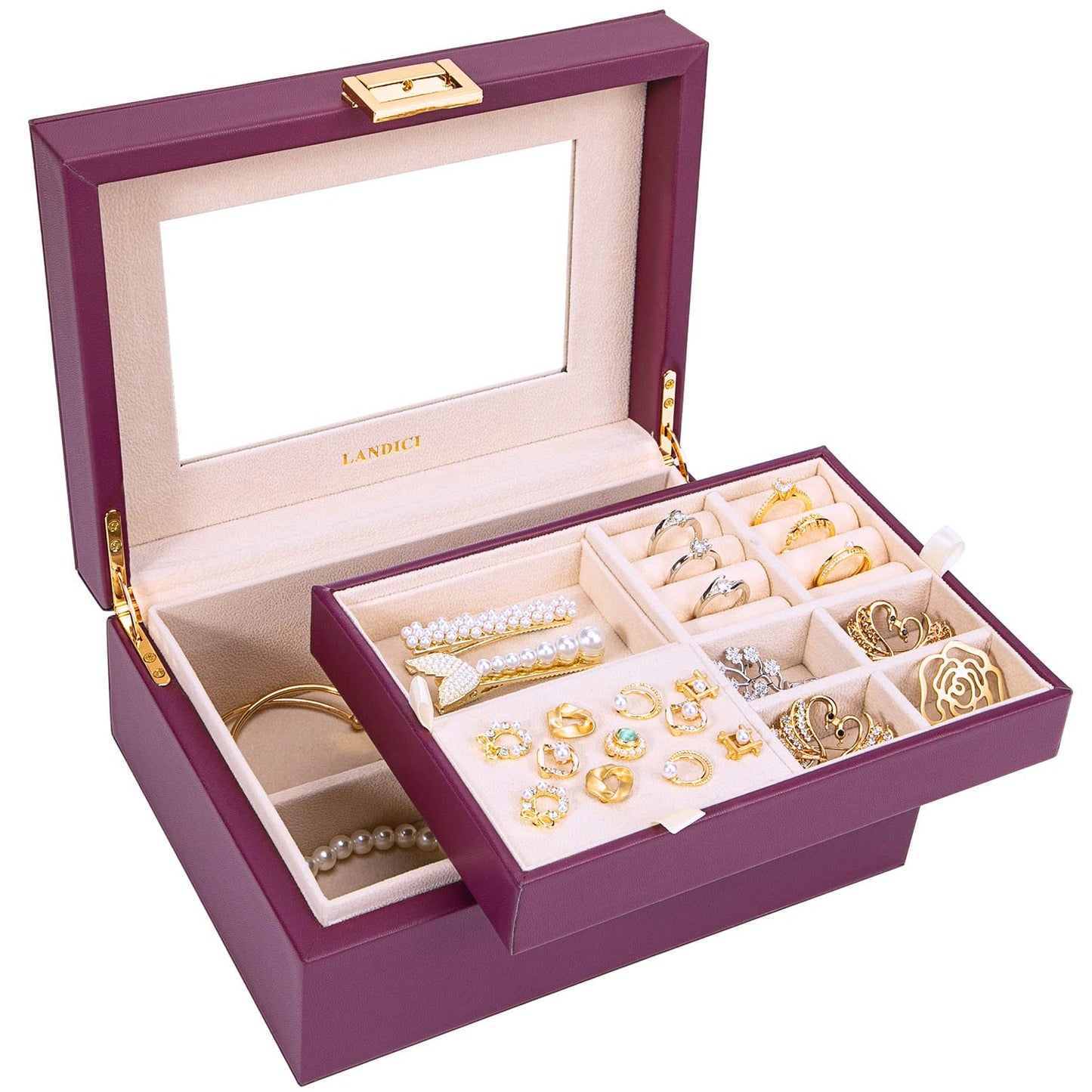 LANDICI Jewelry Organizer Box for Women Teen Girls,Large Jewelry Storage Case with Mirror,2 Layer Removable Stackable Tray,Leather Jewellery Display Holder for Ring Necklace Earring Bracelets,Purple