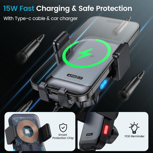 APPS2Car Wireless Car Charger Mount CD Slot Auto Clamping 15W Fast Charging CD Phone Holder for Car Wireless Charger Fit for iPhone 16 15 14 13 12 Pro Max, Samsung S23 Ultra S22, Google, LG etc.