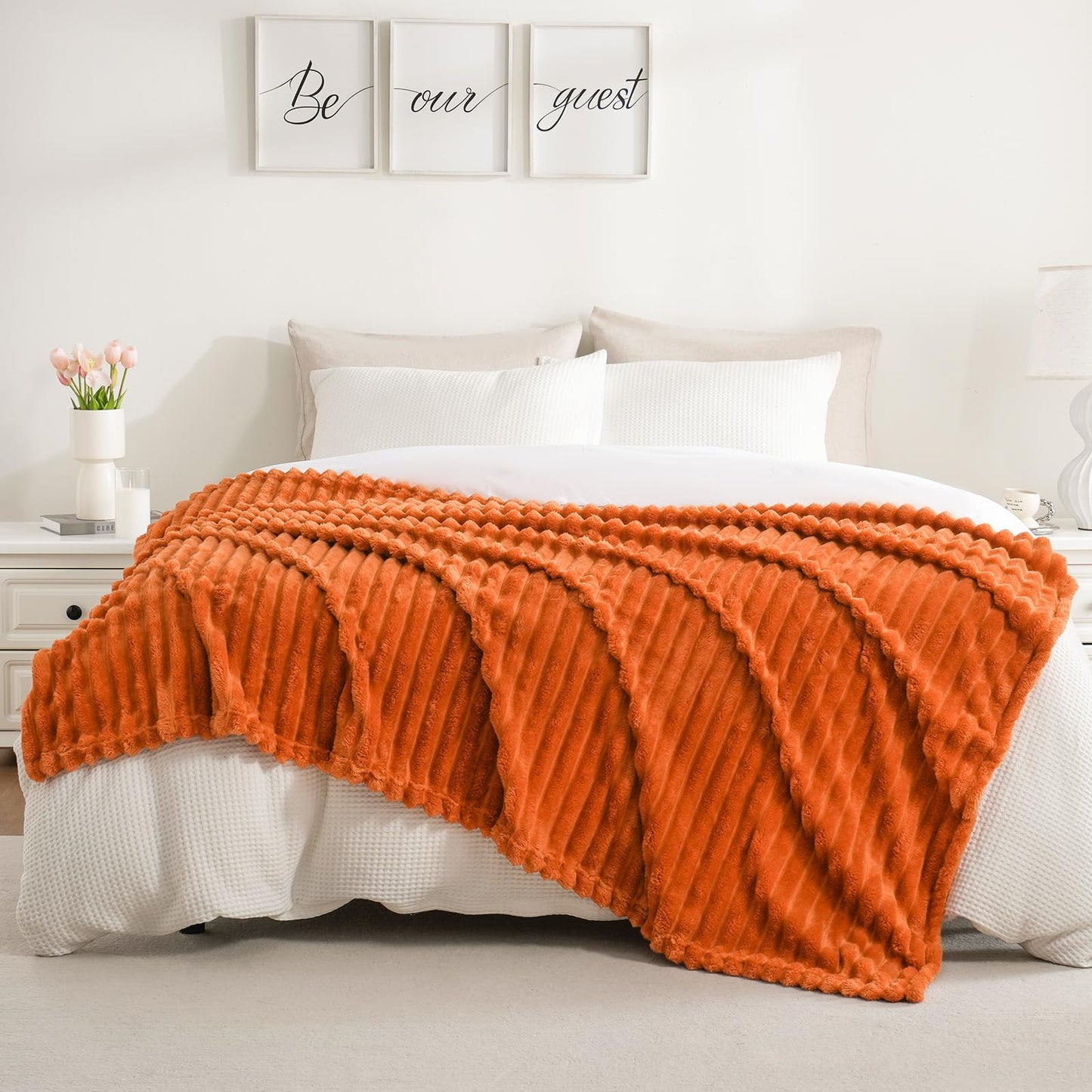 Excervent Solid Striped Flannel Fleece Blanket (50x70 inches, Burnt Orange) Cozy Throw Blankets for Couch Sofa and Bed, Super Soft Luxurious Warm Blankets for Household Living Room Bedroom