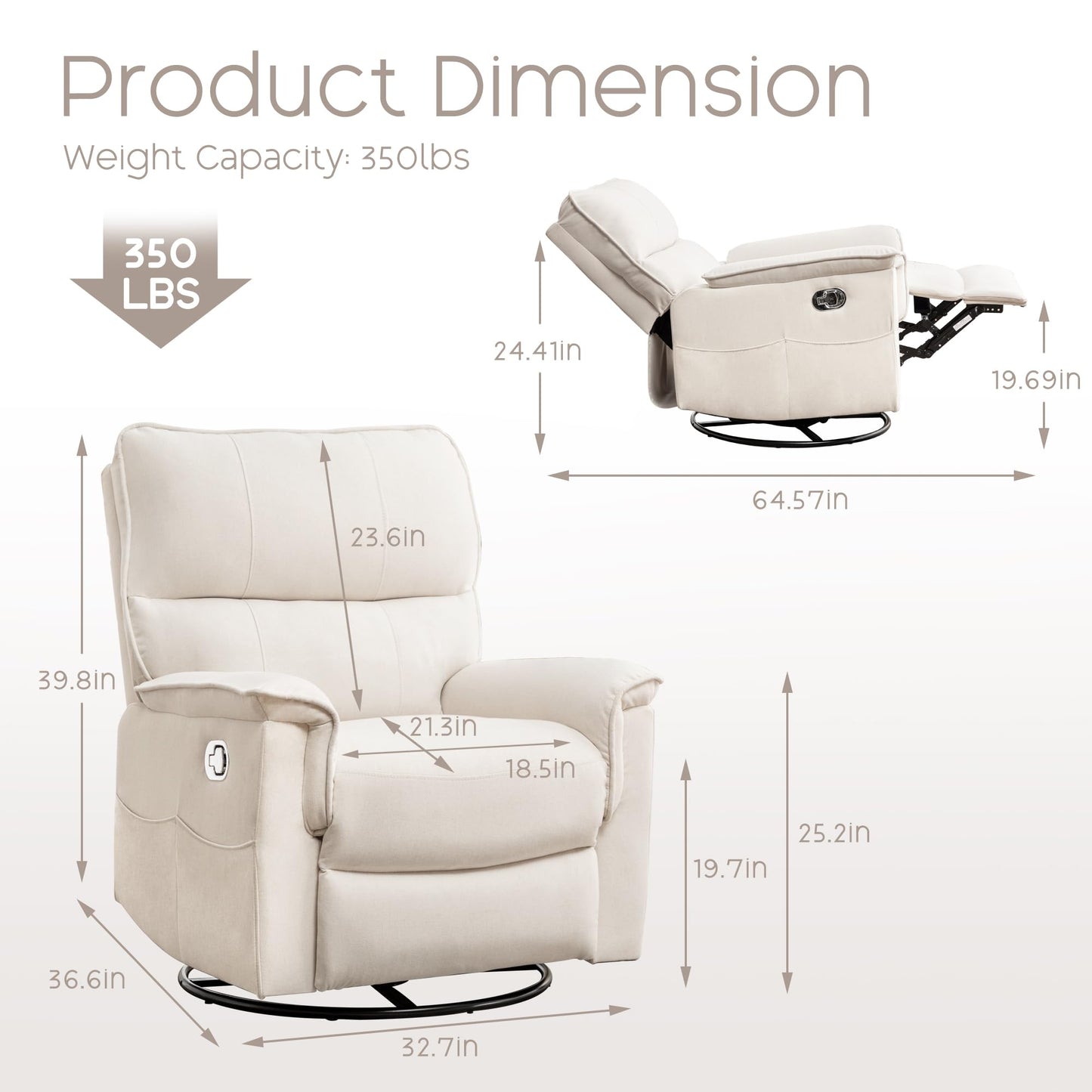 YUUIJOAA Swivel Rocker Recliner Chair, Manual Reclining Glider Chairs for Adults, Linen Nursery Recliner Sofa Chairs for Living Room, Bedroom, Beige