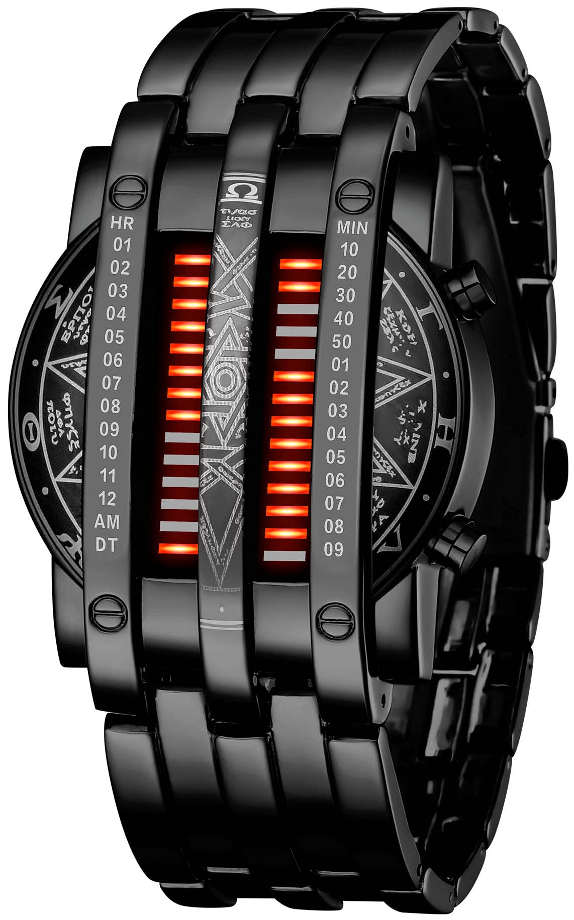 Mens Creative Binary Digital Watches Unique Matrix LED Watch Futuristic Cool Stainless Steel Wrist Watch (U Black Red)