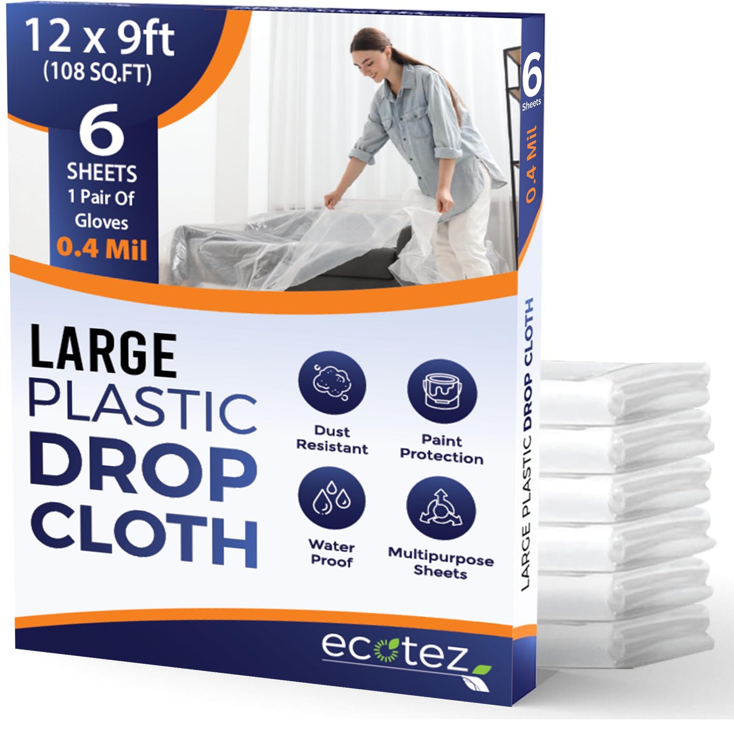 Ecotez 6 Pack 12 x 9 ft Extra Large Painter's Drop Cloth - Light & Durable Dust Cover - Clear Plastic Sheet - Paint Drop Cloth - Plastic Floor Protector