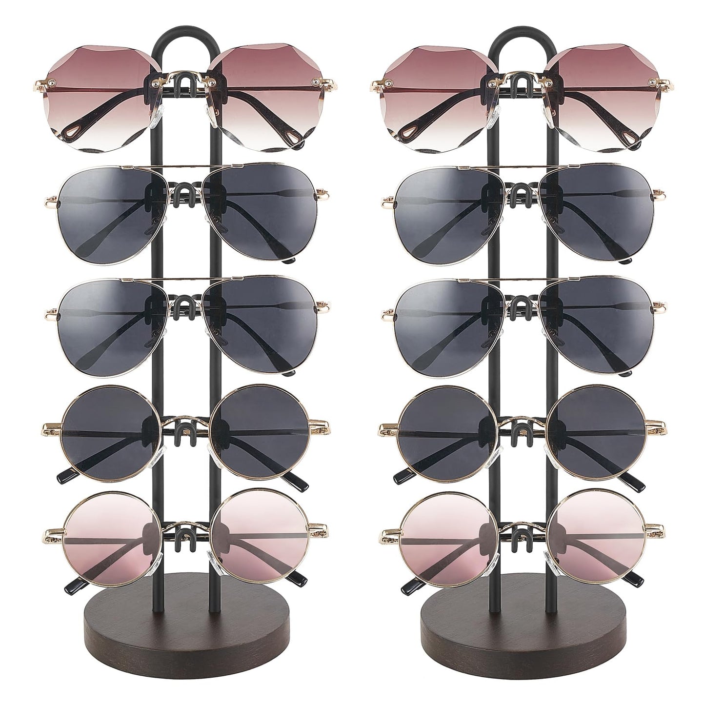 Mkono Sunglasses Organizer Glasses Holder Stand Sunglass Storage Eyeglasses Rack Metal Frame with Wood Base for 5 Pairs of Eyewear Display for Table Desk Countertop Dresser Bedroom, Set of 1, Gold