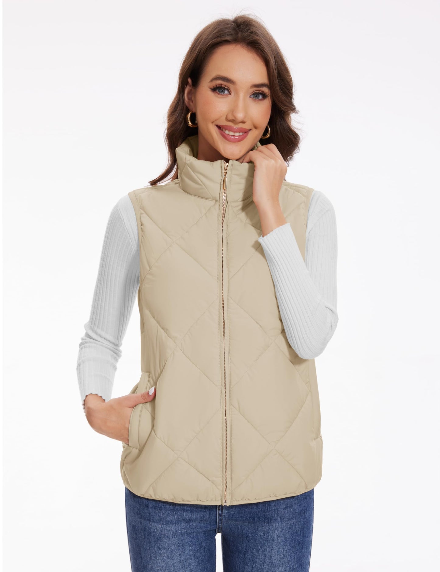 YUCOLEN Womens Quilted Vest Zip Up Puffer Vests Lightweight Sleeveless Winter Warm Stand Collar 4 Pockets Puffy Jackets Padded Gilet Winter Outerwear champagne XL