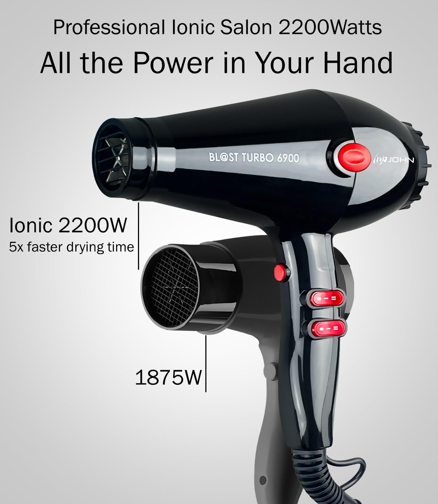JOHN Super Fast Drying Hair Dryer, Ionic 2200W Professional Salon Blow Dryer, 2 Concentrator Nozzles, Blast Turbo 6900, Black