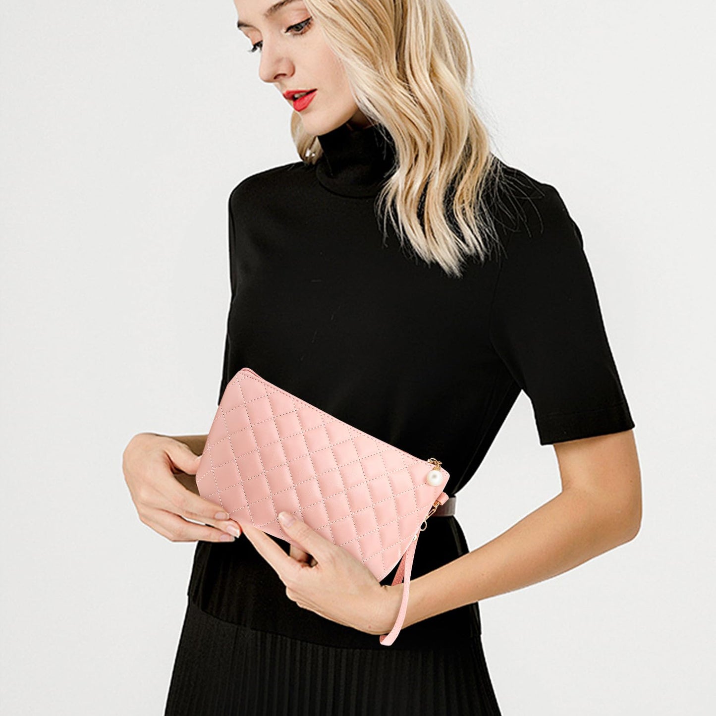 Younpy Wallet with Strap Wristlet Purses for Women Quilted Envelope Clutch Wristlet Wallet Pink Clutch Purses Ladies Handbag with Strap Evening Bag Pink