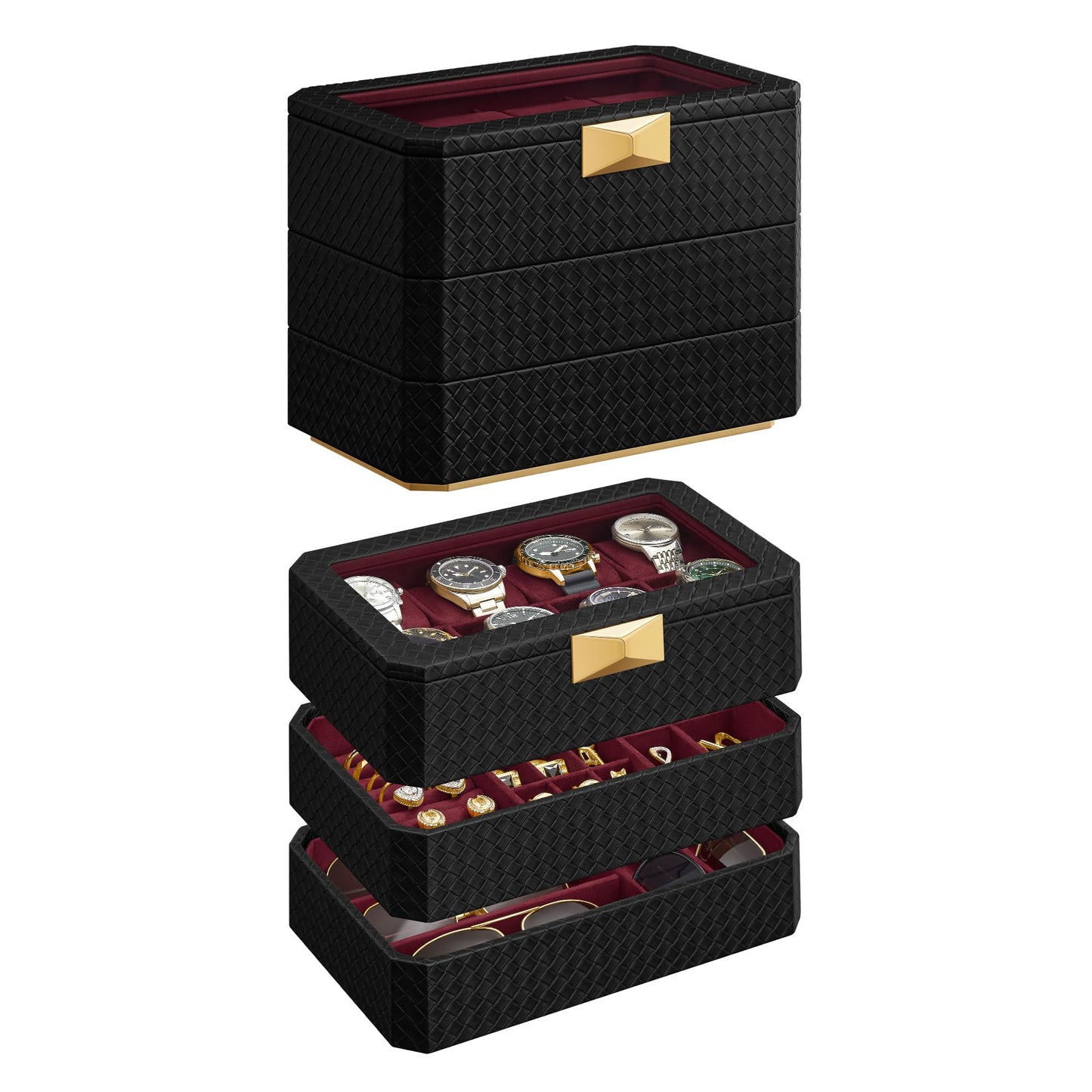 SONGMICS HOME RONNE Collection - 3-Tier Watch Box, Stackable 8-Slot Watch Case, Woven Embossed PU Leather, Floating Effect, Gift Idea, Ink Black Surface, Wine Red Lining UJWB021R01